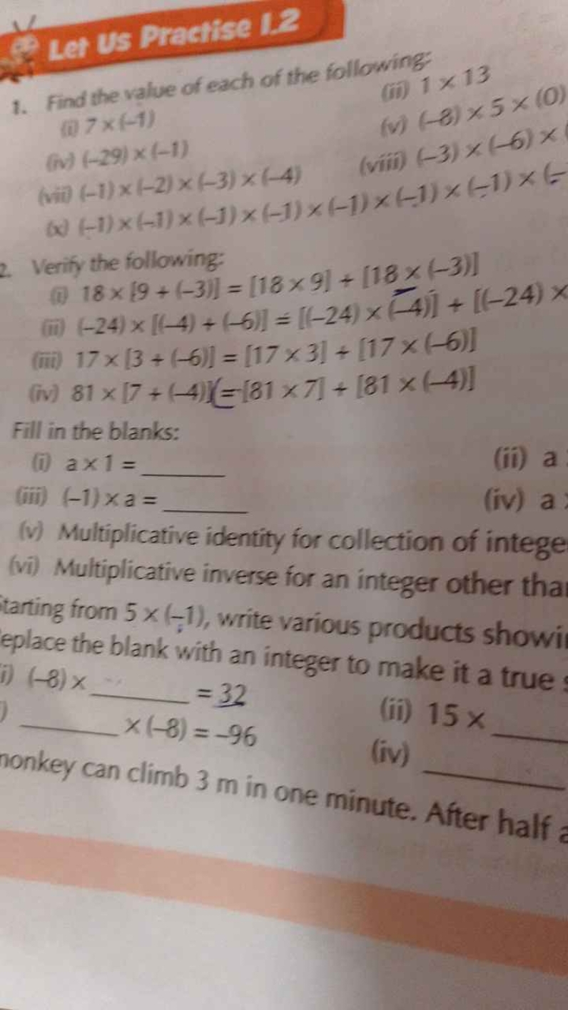 Let us Practise I:?
1. Find the value of each of the following
(ii) 1×