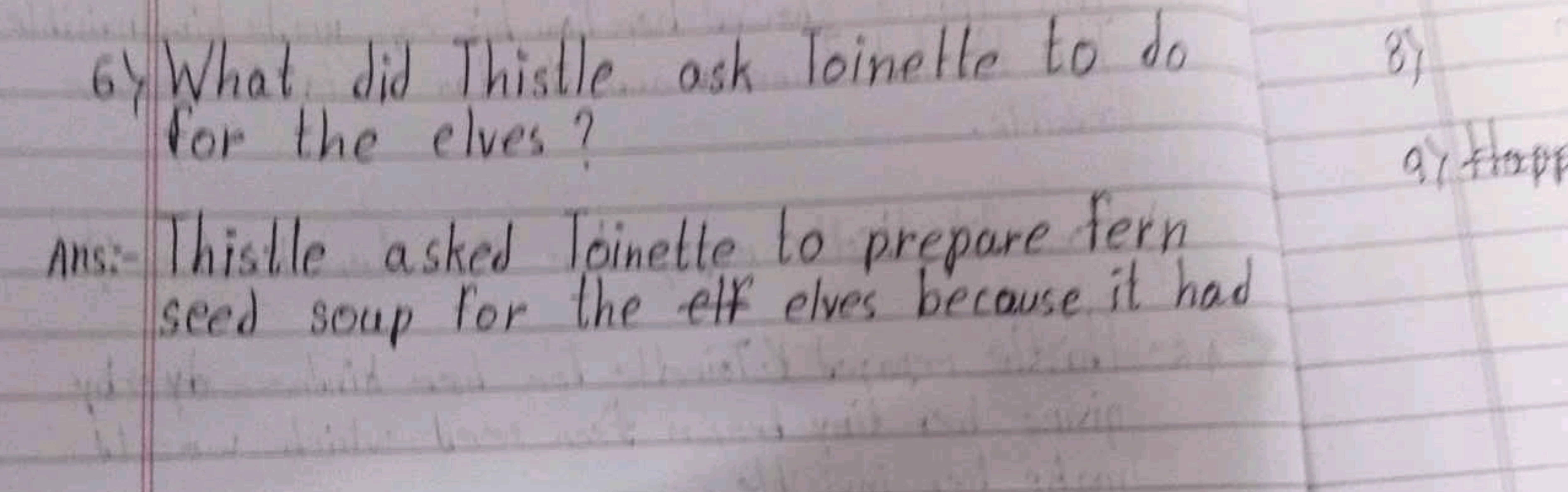 6) What did Thistle ask loinette to do for the elves?
ans:- Thistle as