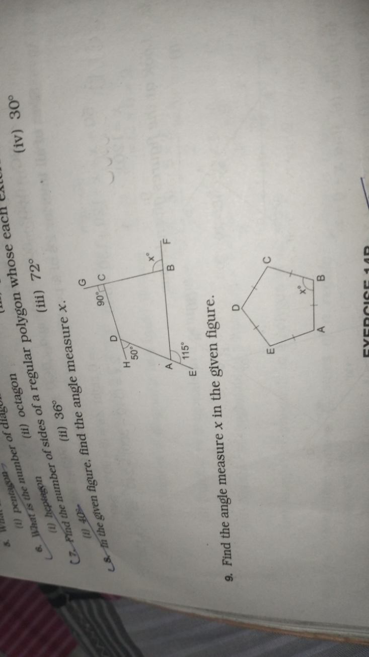 
6. What he tragon (ii) octagon
(iv) 30∘
(iii) 72∘
(i) hepres the numb