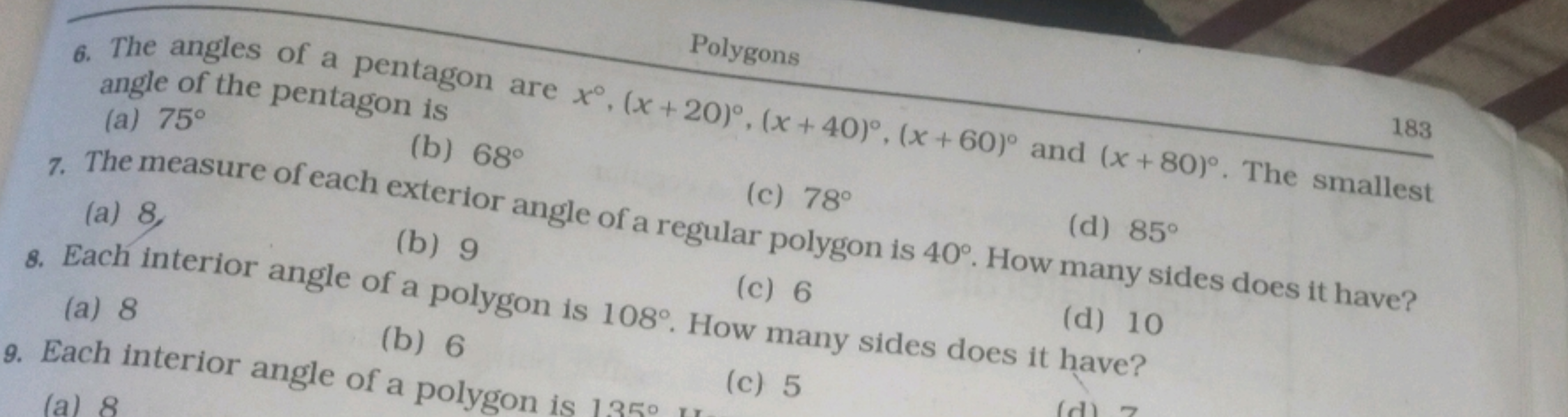 Polygons
6. The angles of a pentagon are x∘,(x+20)∘,(x+40)∘,(x+60)∘ an