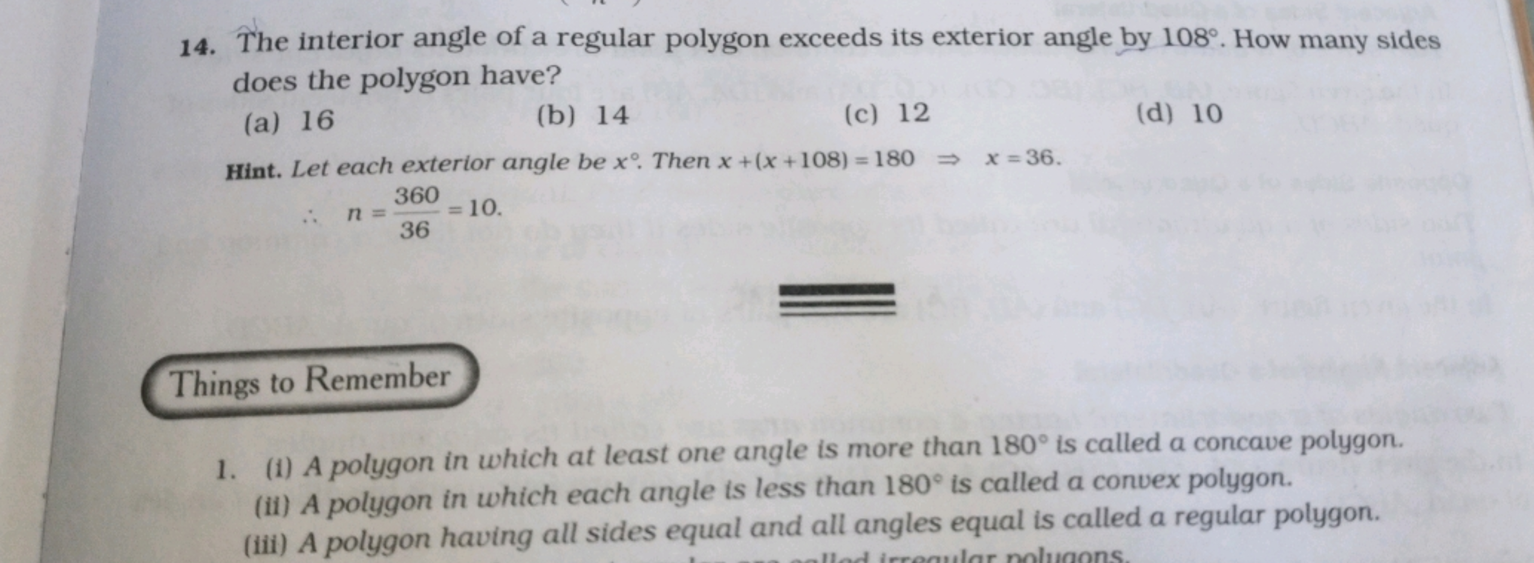 14. The interior angle of a regular polygon exceeds its exterior angle