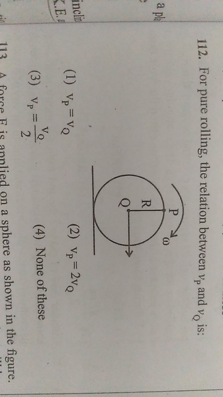 112. For pure rolling, the relation between vP​ and vQ​ is:
(1) vP​=vQ