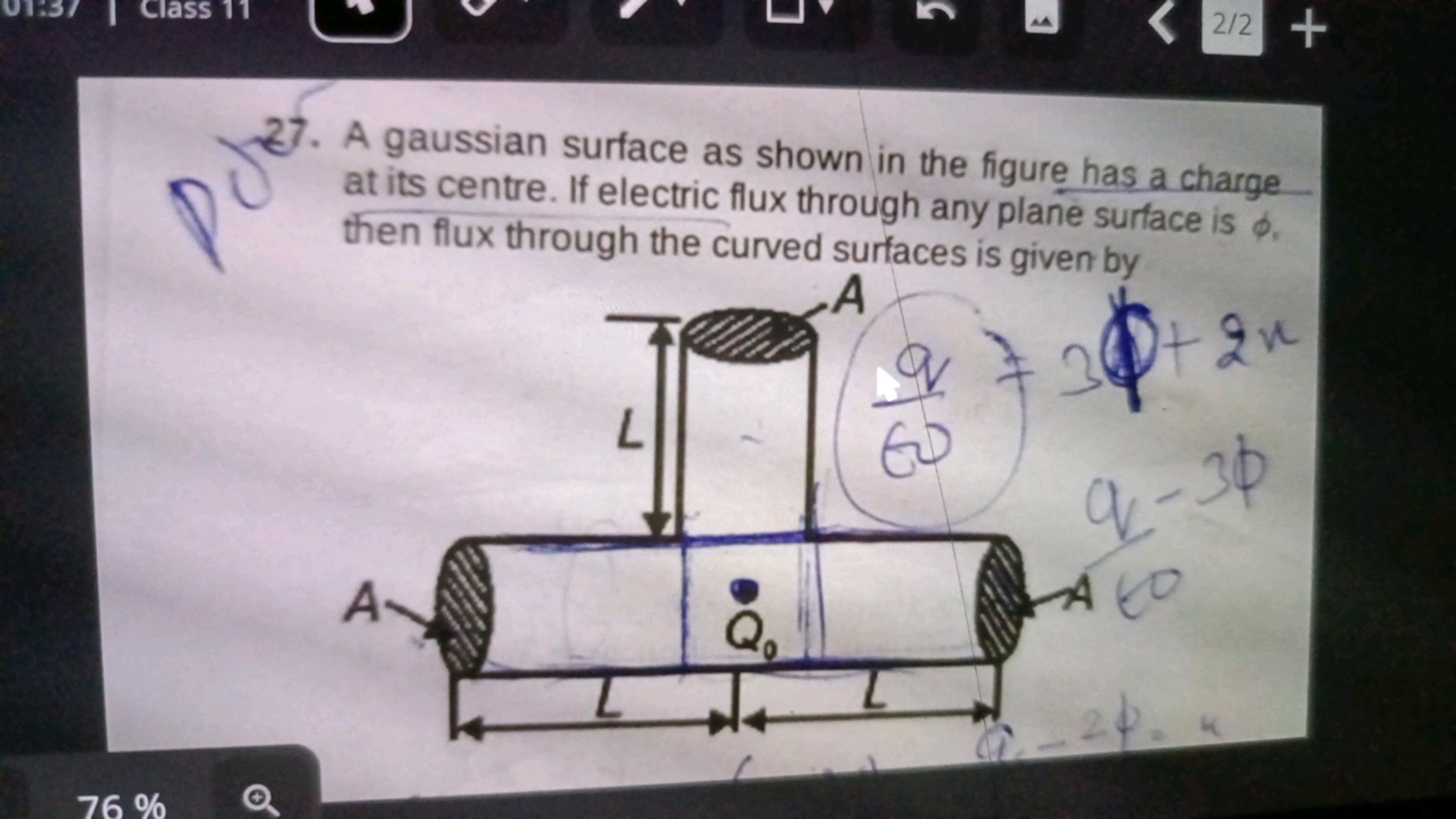 27. A gaussian surface as shown in the figure has a charge at its cent