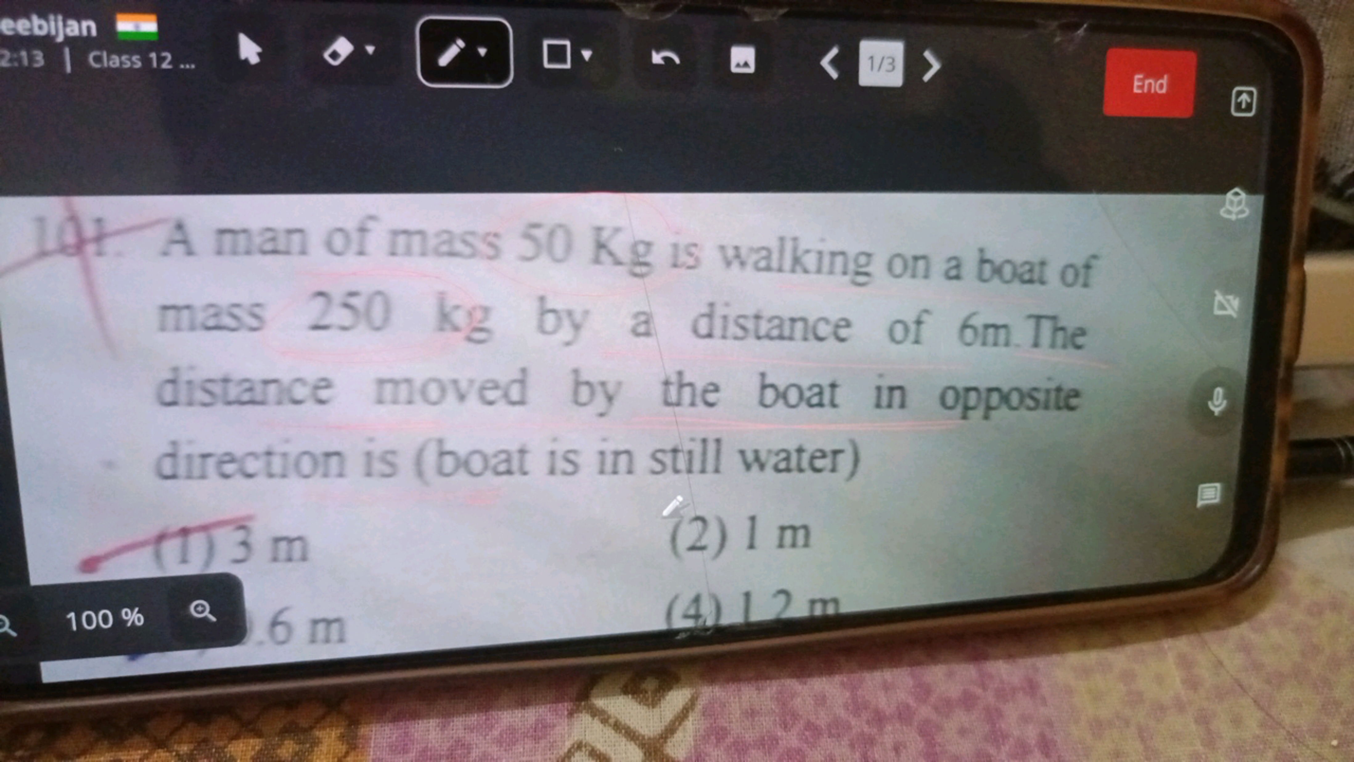 14. A man of mass 50 Kg is walking on a boat of mass 250 kg by a dista