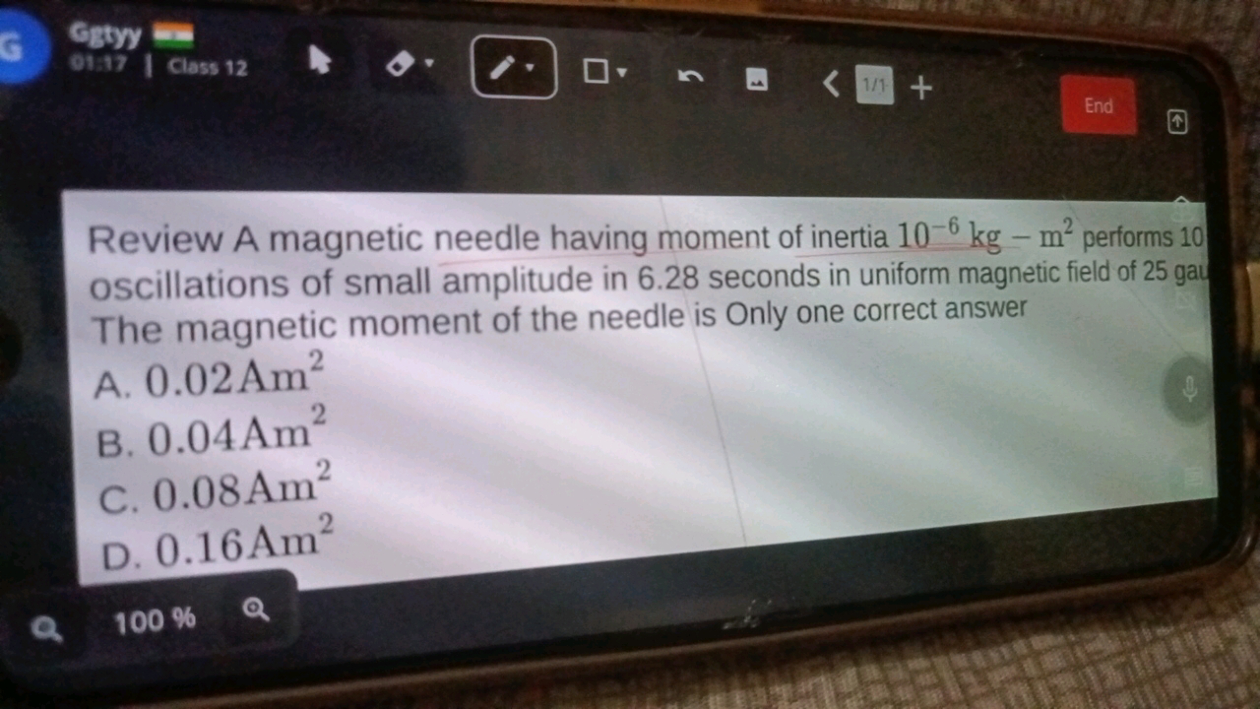 Review A magnetic needle having moment of inertia 10−6 kg−m2 performs 