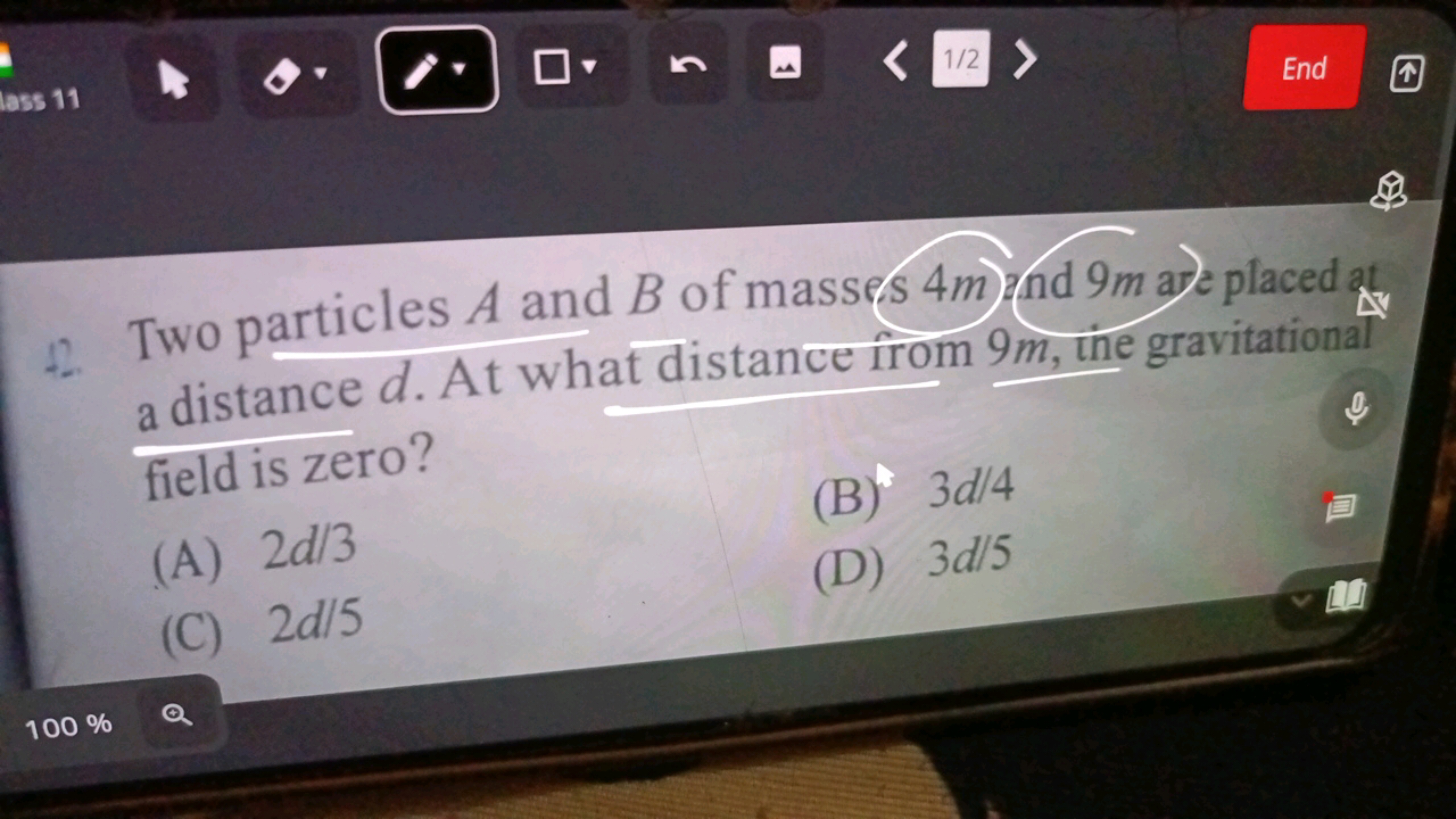 Two particles A and B of masses 4 m ) 9 m a)e placed av a distance d. 