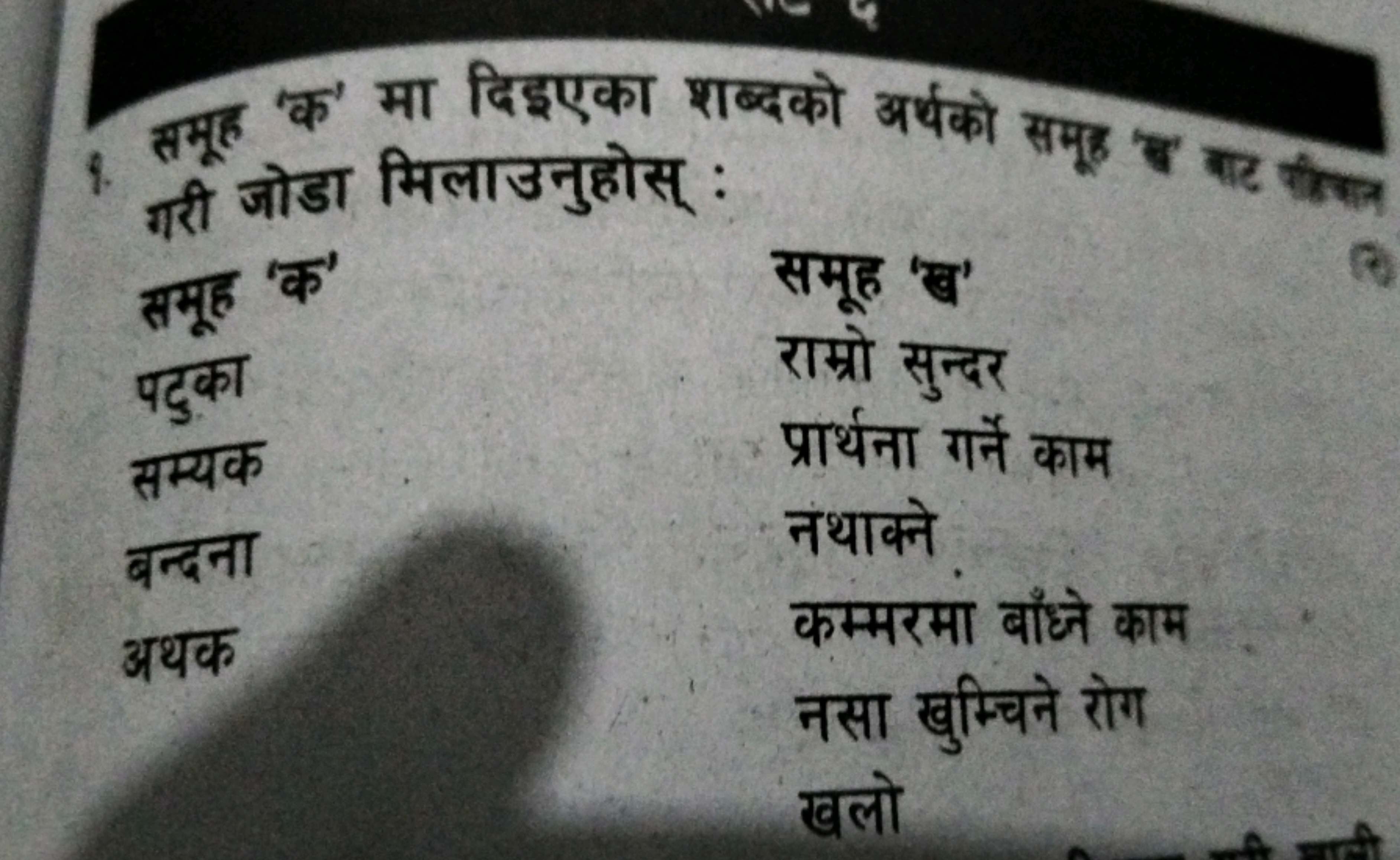  गरी जोडा मिलाउनुहोस् :
समूह 'क'
पटुका
सम्यक
बन्दना
अथक
समूह 'ख'
राम्र