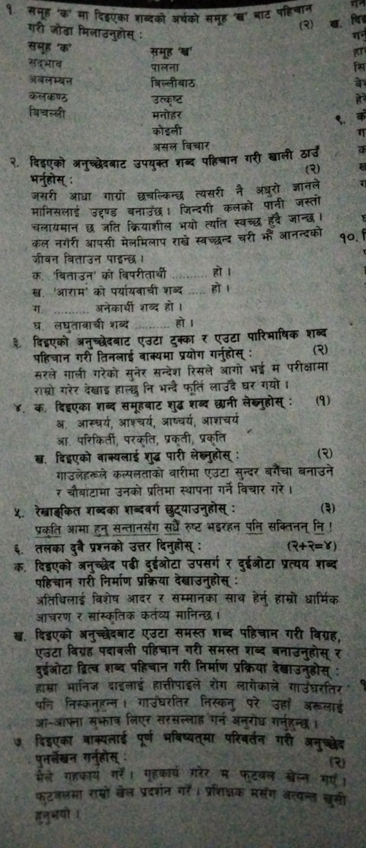 9. समूह 'क' मा दिएएका शब्दको अर्थको समूह 'ब' बाट पहिखान गरी जोडा मिलाउ