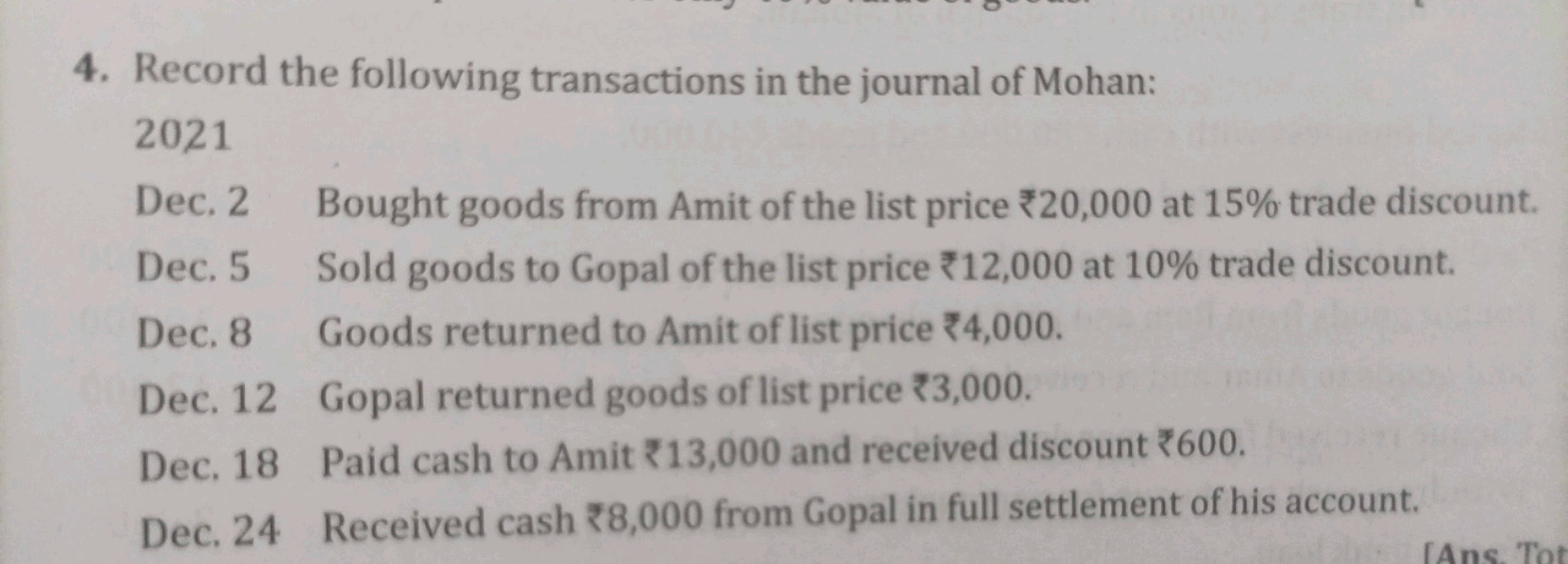 4. Record the following transactions in the journal of Mohan:
2021
Dec