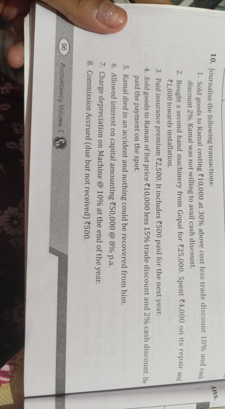 10. Journalise the following transactions:
1. Sold goods to Kamal cost