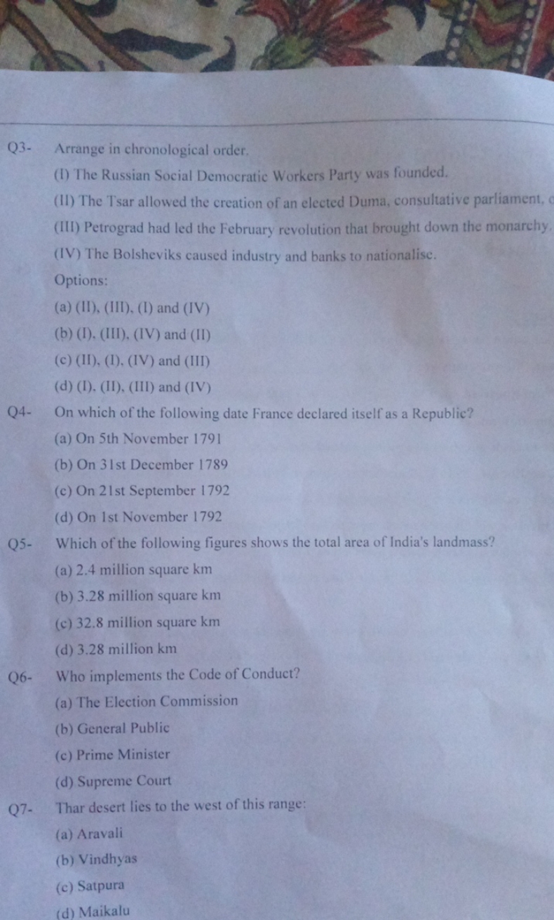 Q3- Arrange in chronological order.
(I) The Russian Social Democratic 