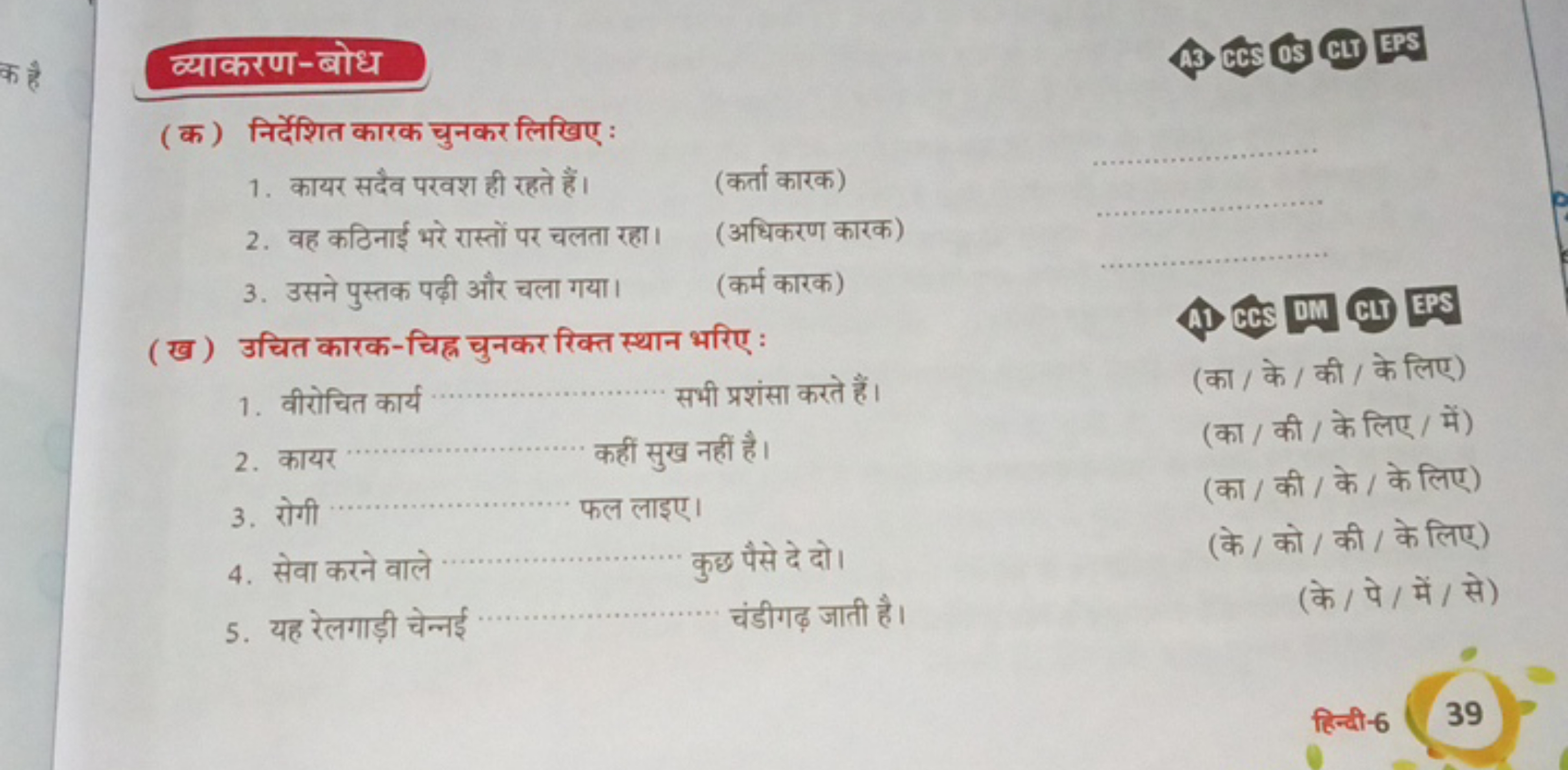 व्याकरण-बोध
A3) CCS OS CLI EPS
(क) निर्देशित कारक चुनकर लिखिए :
1. काय