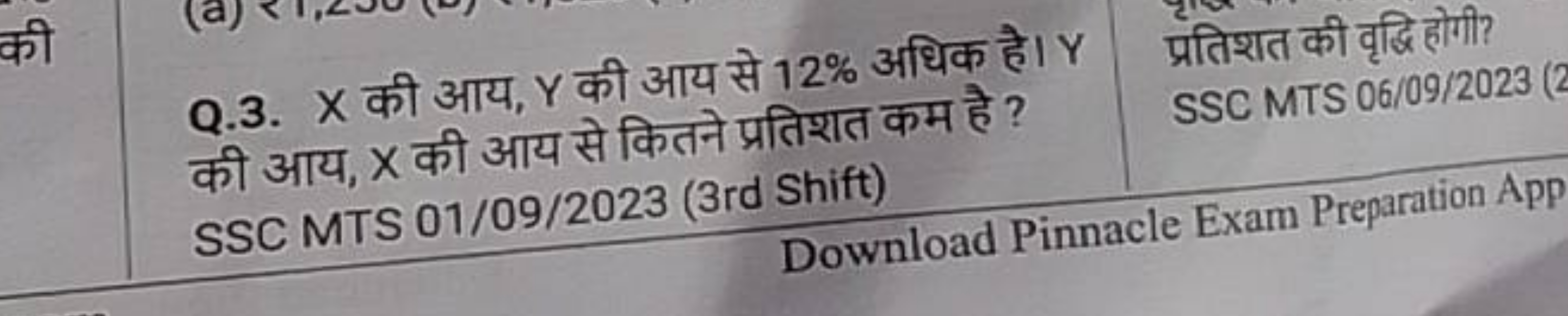 Q.3. X की आय, Y की आय से 12% अधिक है। Y प्रतिशत की वृद्धि होगी? की आय,