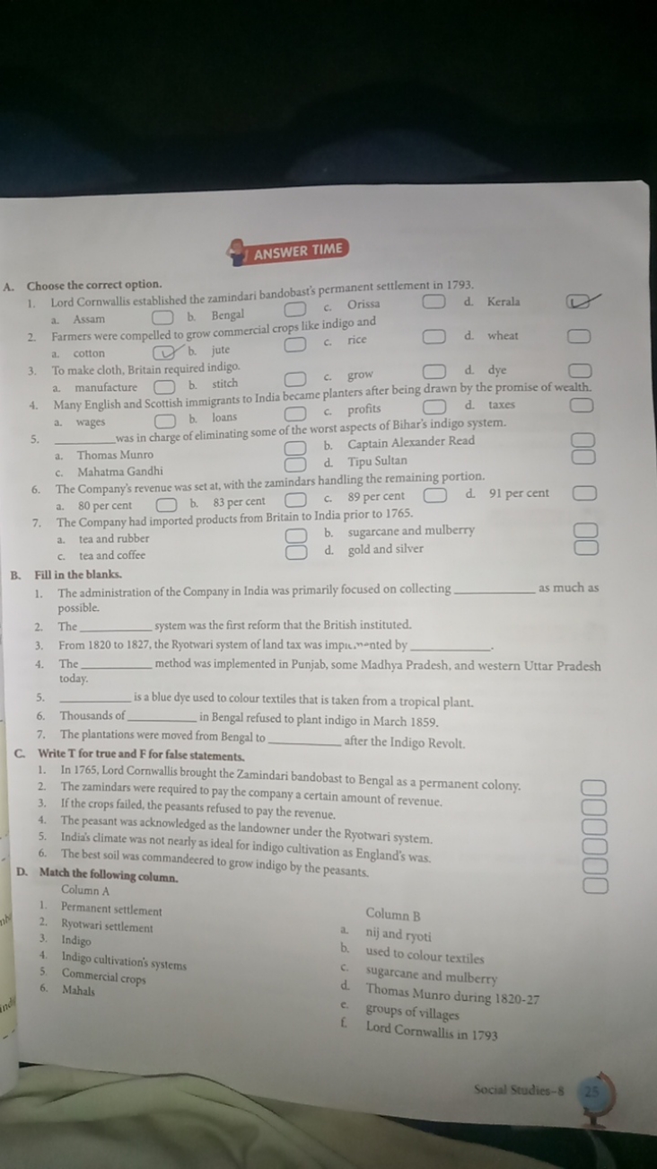 ANSWER TIME
A. Choose the correct option.
1. Lord Cornwallis establish