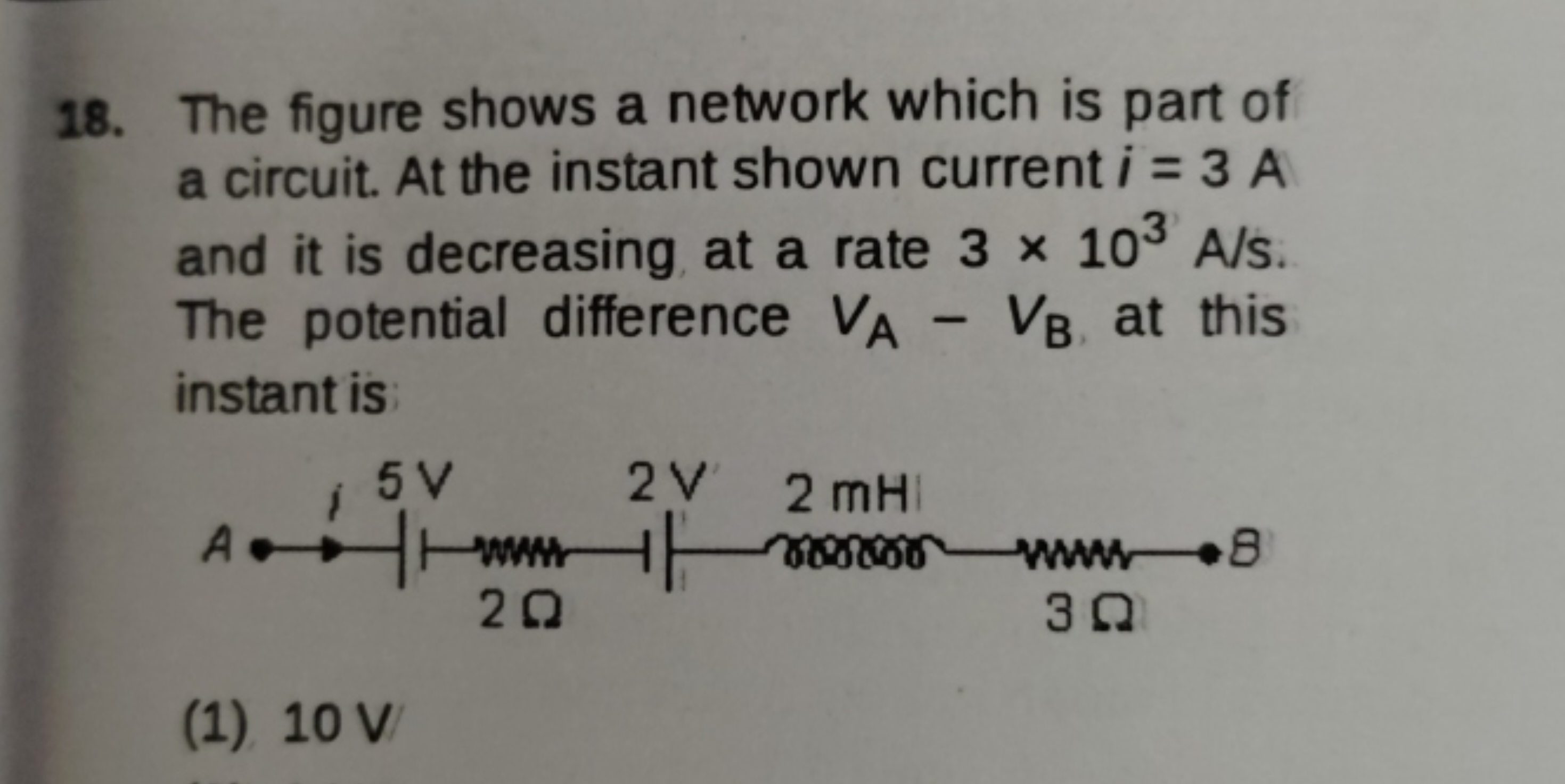 18. The figure shows a network which is part of a circuit. At the inst