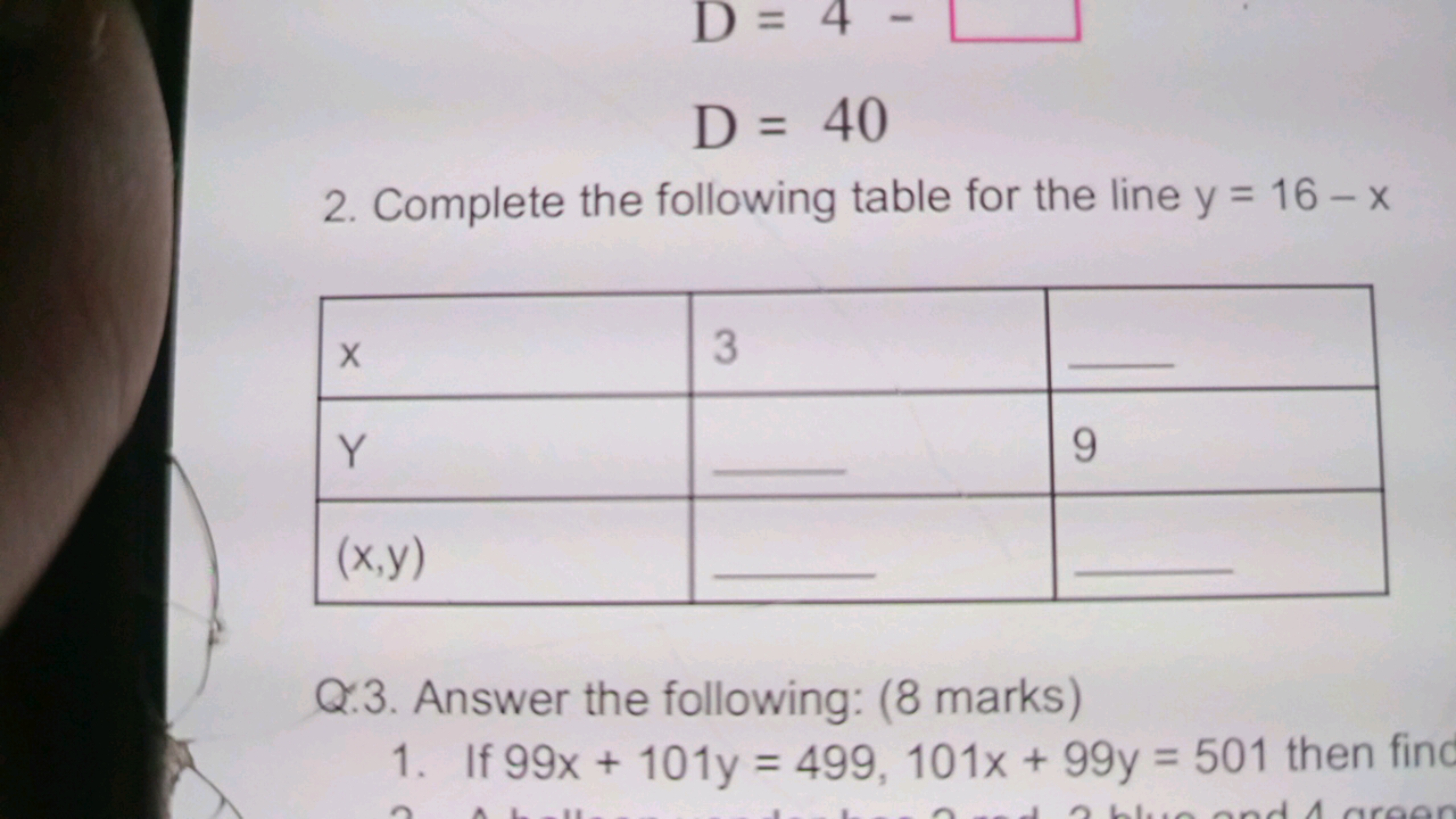 D=4−□D=40​
2. Complete the following table for the line y=16−x
X3Y-9(x