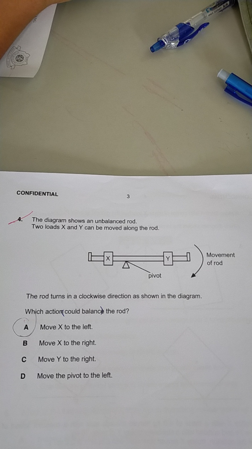 CONFIDENTIAL
3
4. The diagram shows an unbalanced rod.

Two loads X an