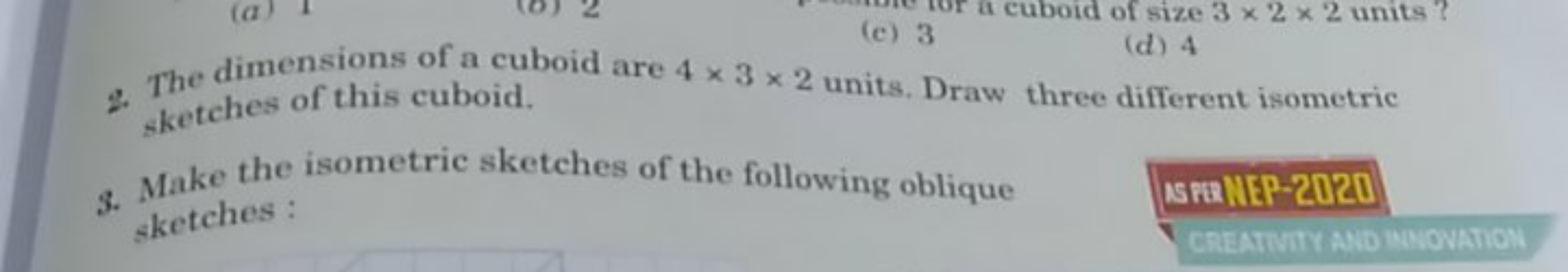 2. The dimensions of a cuboid are 4×3×2 units. Draw three different is