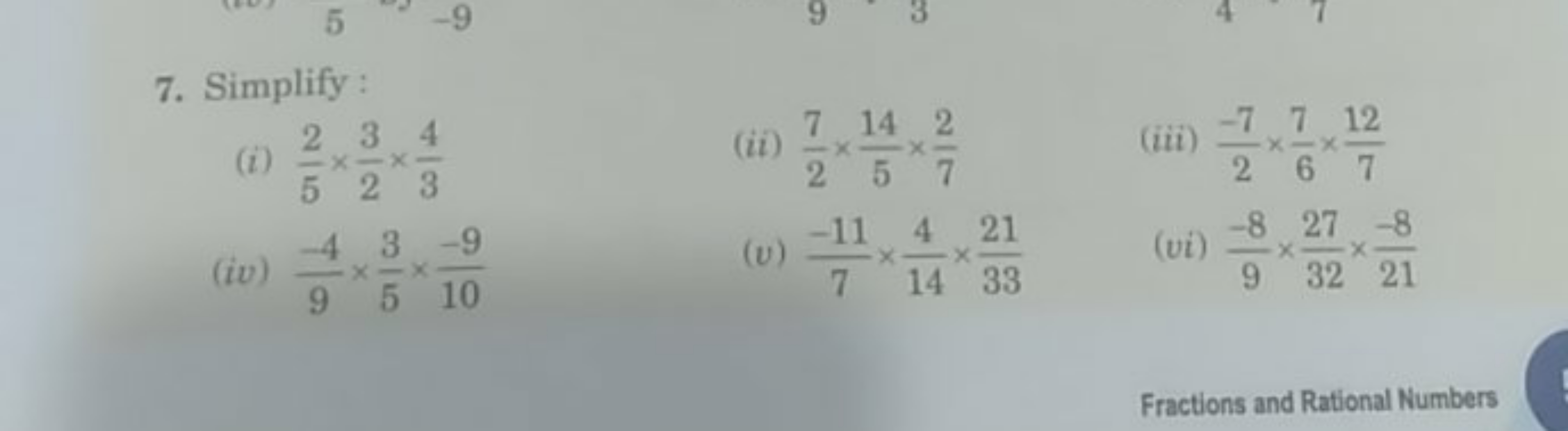 7. Simplify :
(i) 52​×23​×34​
(ii) 27​×514​×72​
(iii) 2−7​×67​×712​
(i