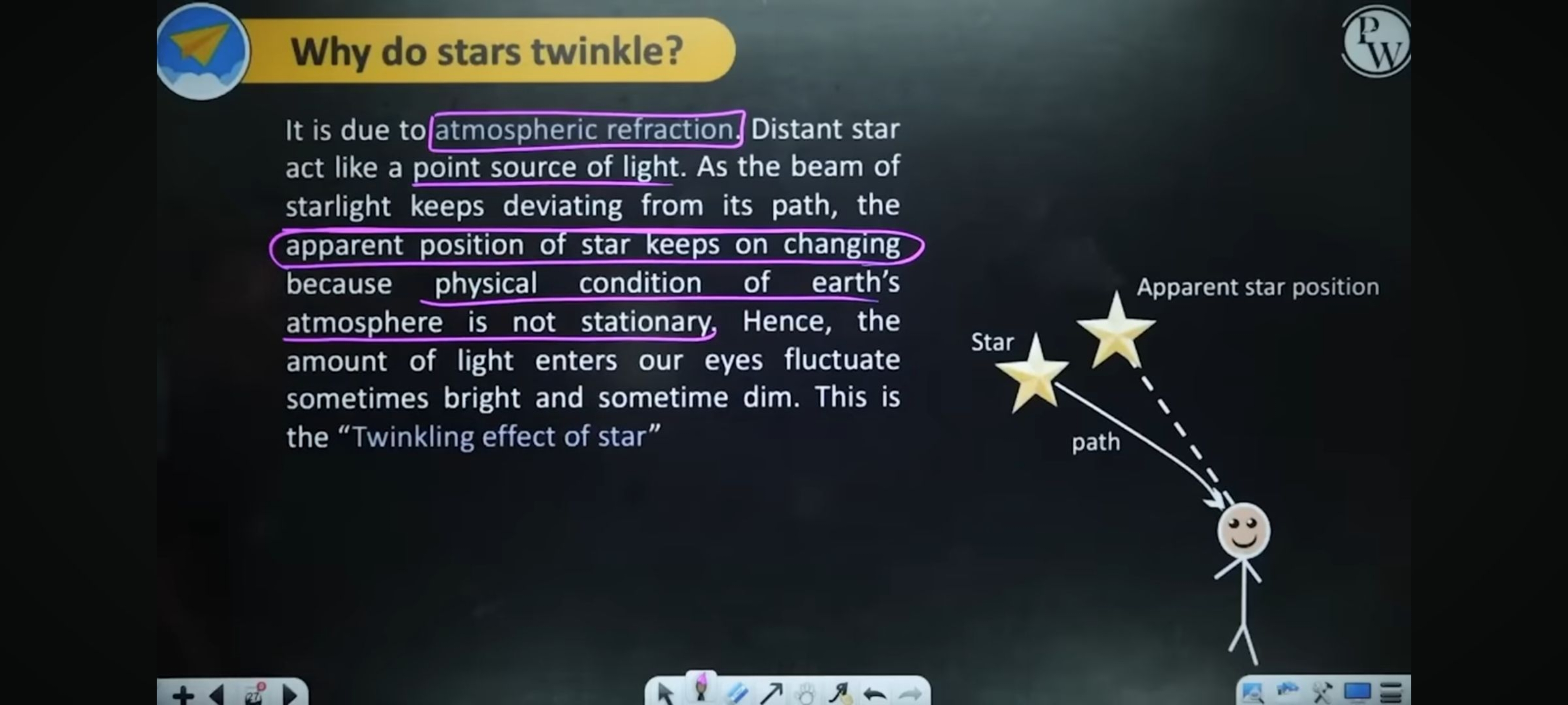 Why do stars twinkle?
P

It is due to atmospheric refraction, Distant 