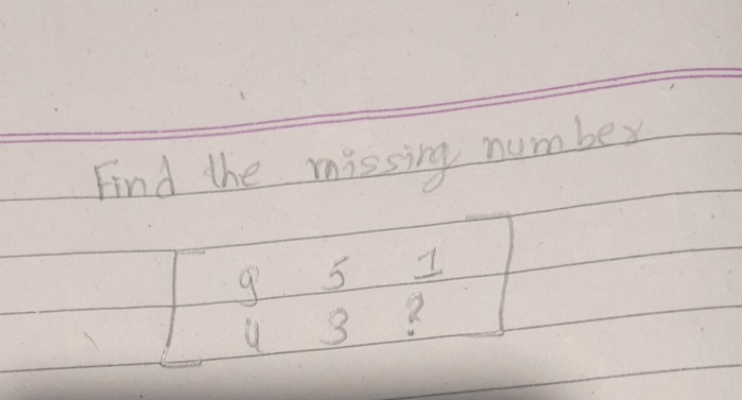 Find the missing number
\[
\left[\begin{array}{lll}
9 & 5 & 1 \\
4 & 3