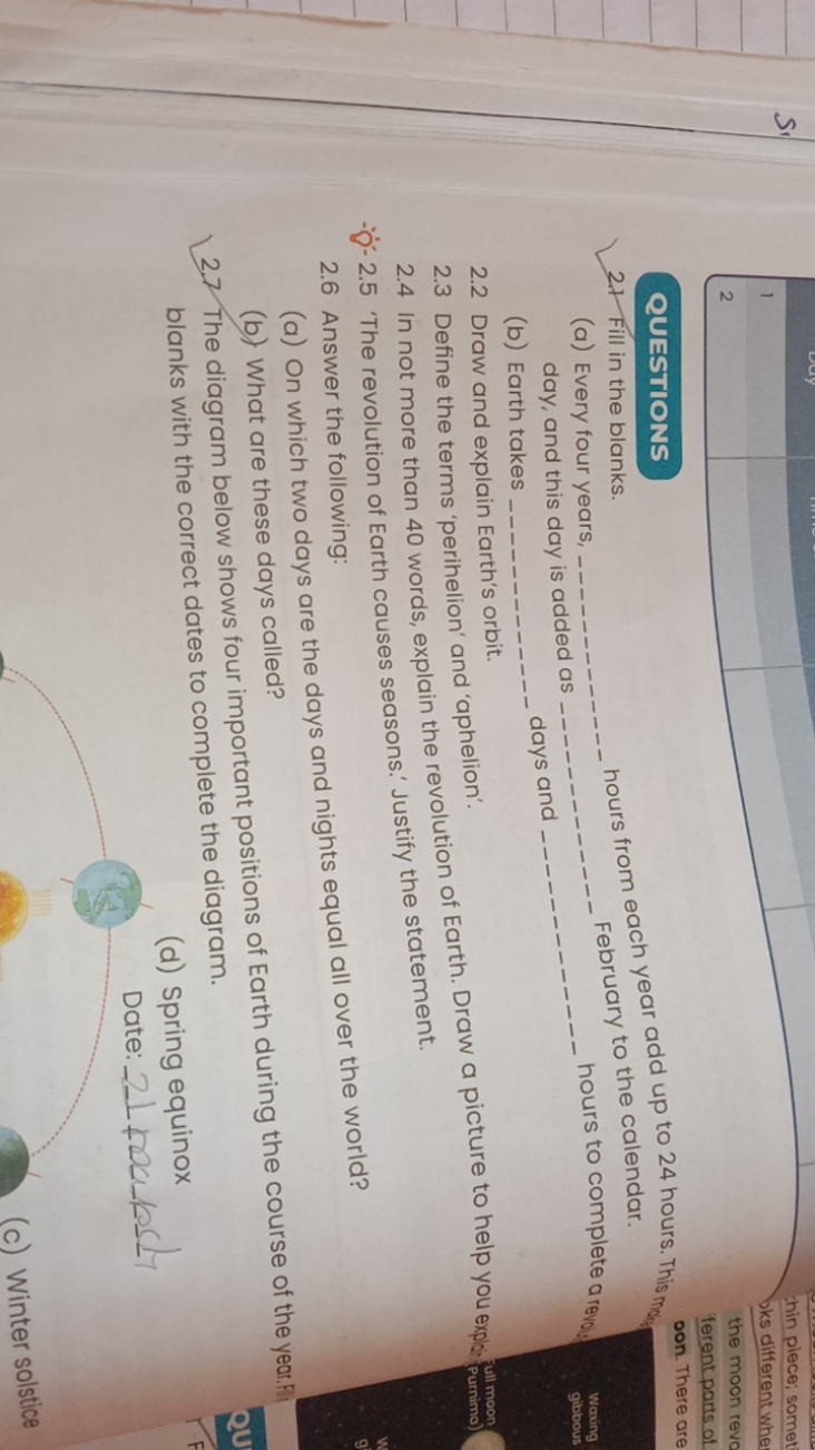 S.
1
2
the moon revo
ferent parts of
QUESTIONS
2. Fill in the blanks. 