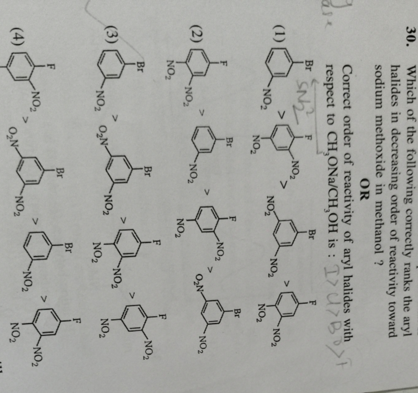 30. Which of the following correctly ranks the aryl halides in decreas