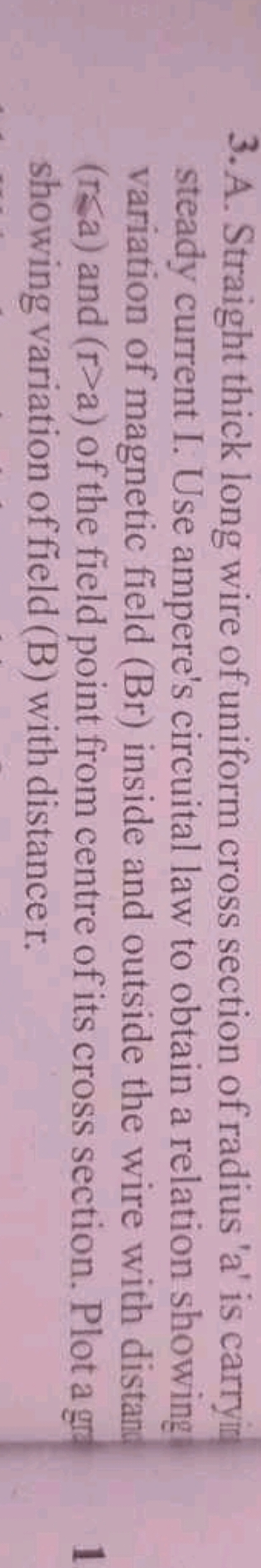 3. A. Straight thick long wire of uniform cross section of radius ' a 