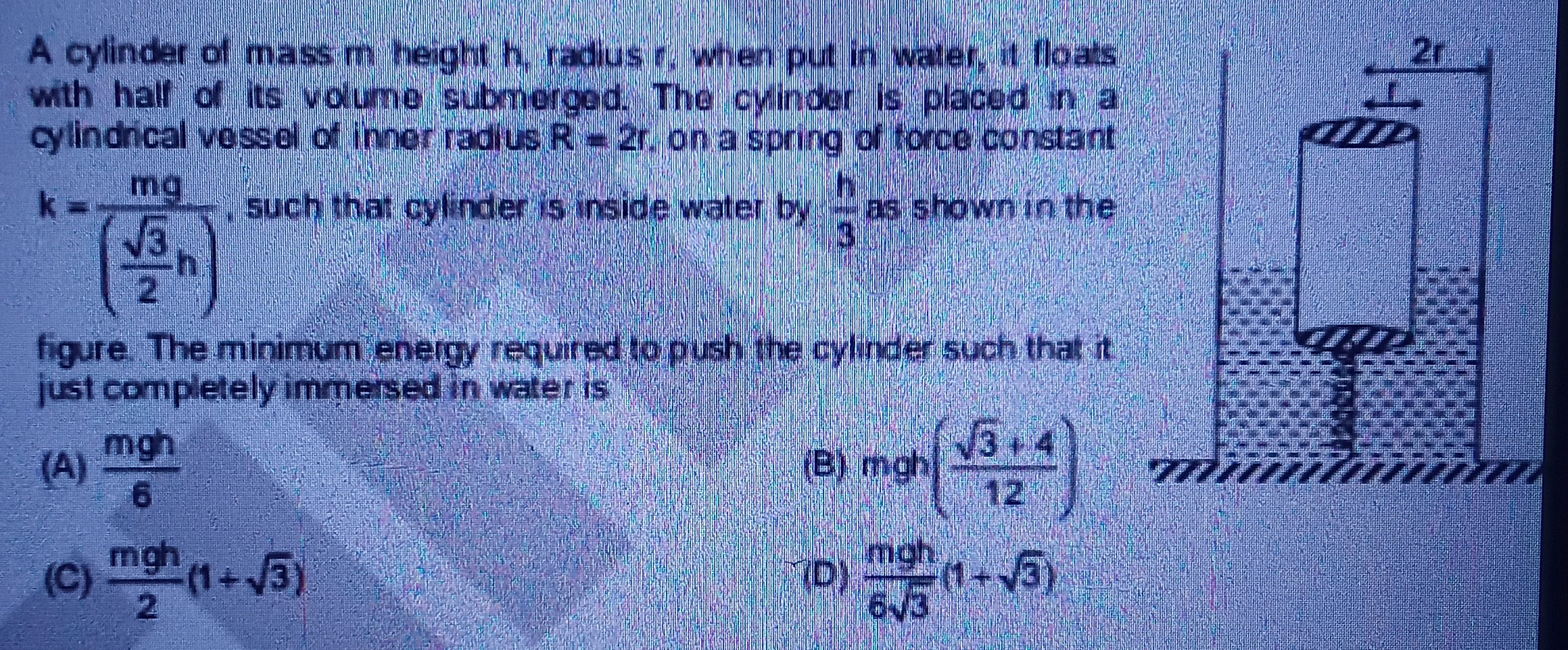 A cylinder of mass m height h, radius r, when put in water, it floats 