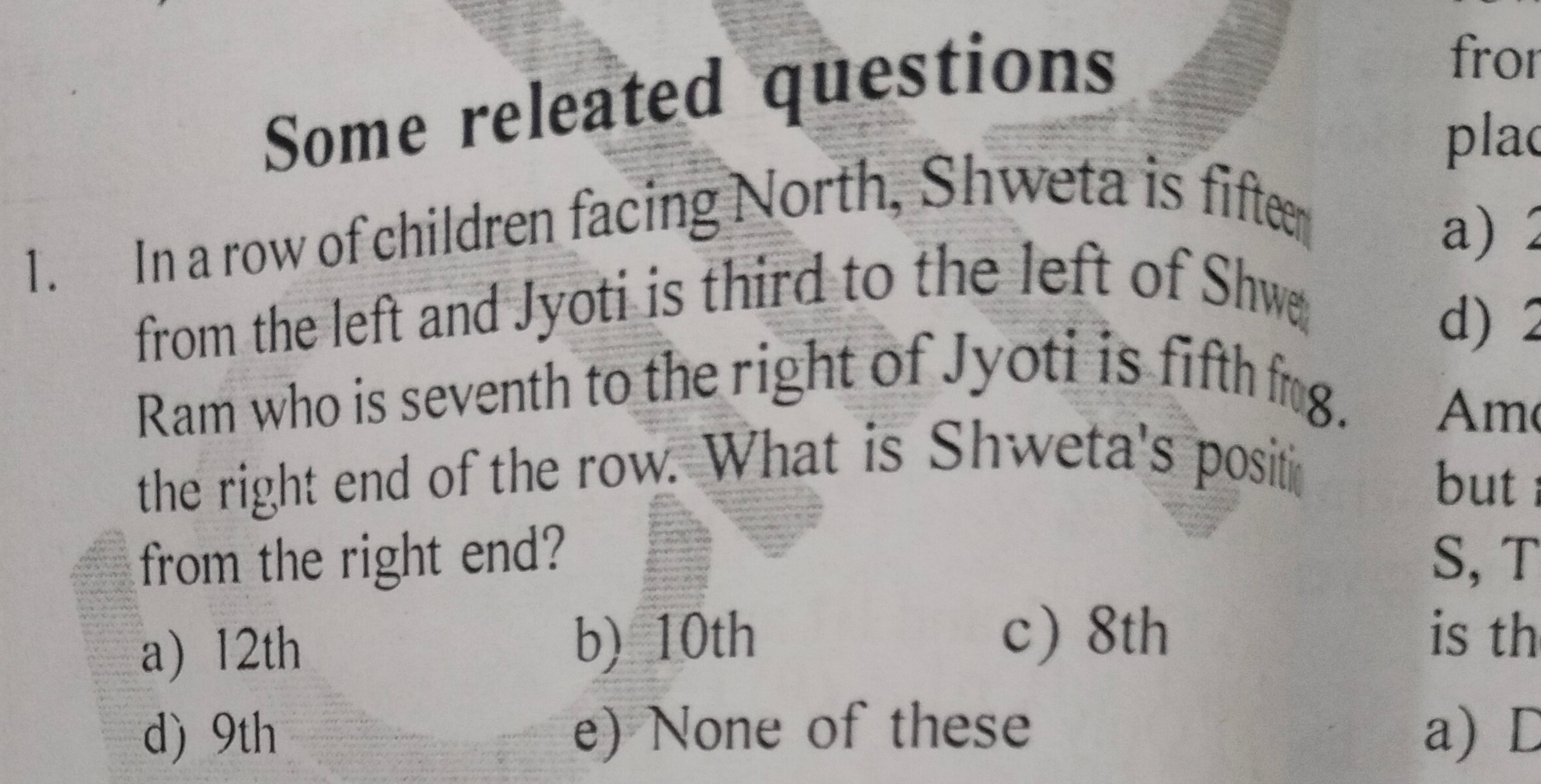 Some releated questions
1. In a row of children facing North, Shweta i