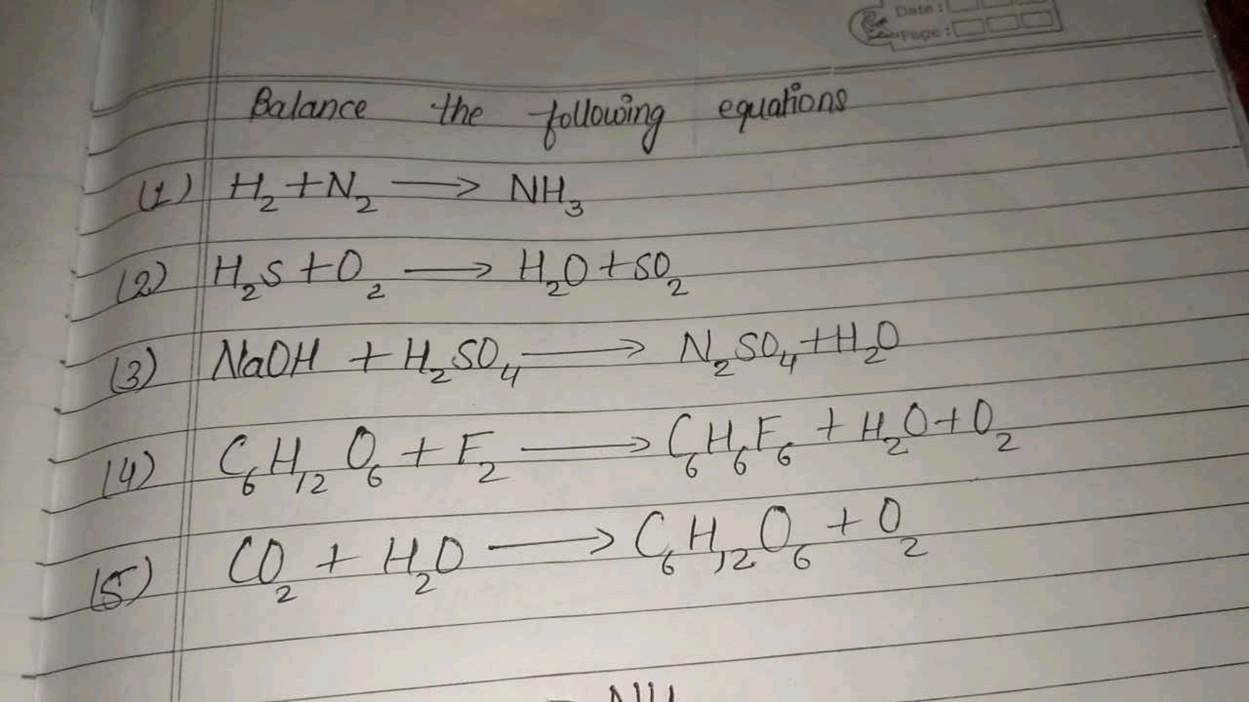 Ce
ate: :
Balance the following equations
(1) H2​+N2​⟶NH3​
(2) H2​ S+O