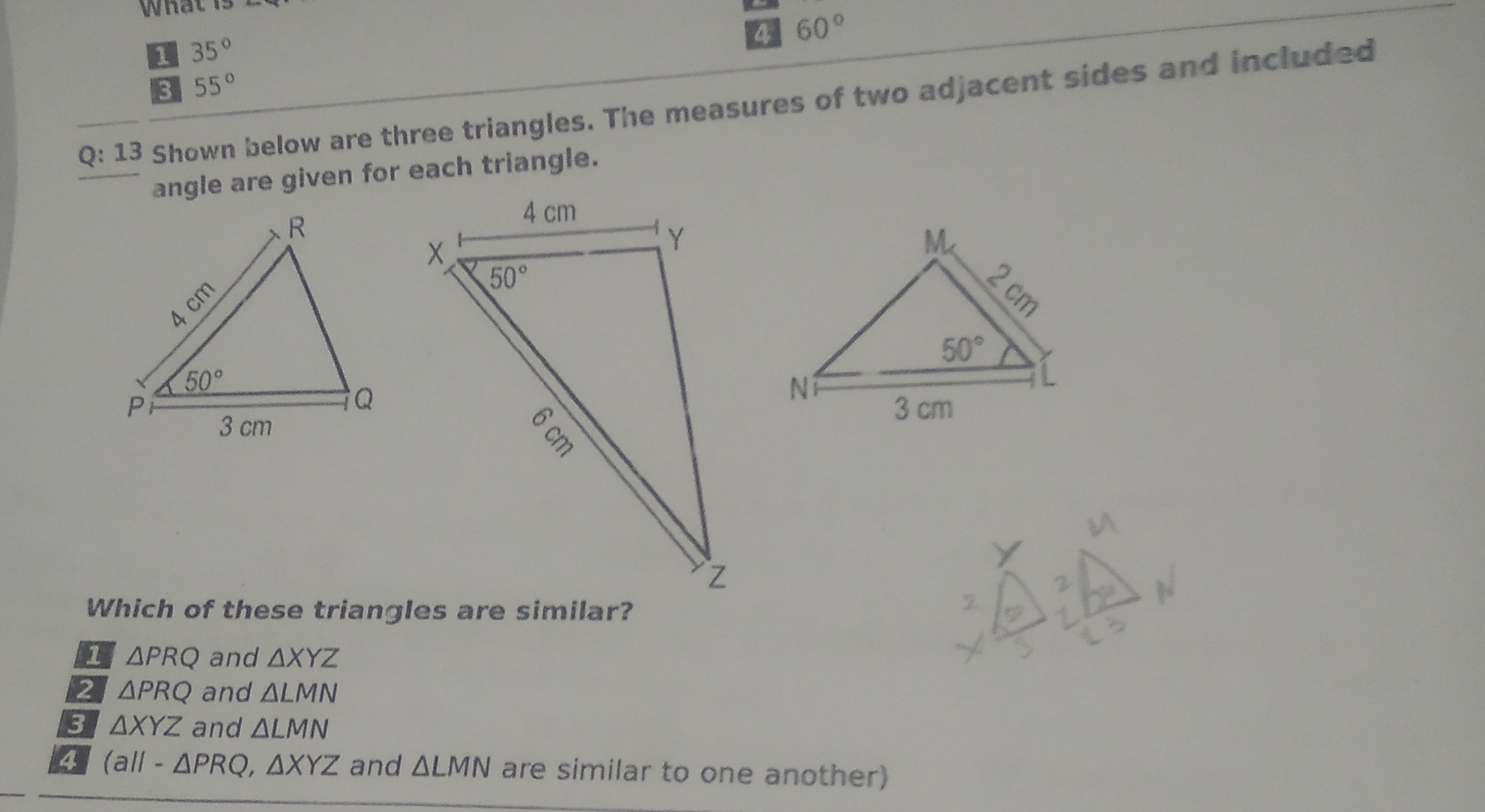 1. 35∘
460∘
Q: 13 shown below are three triangles. The measures of two