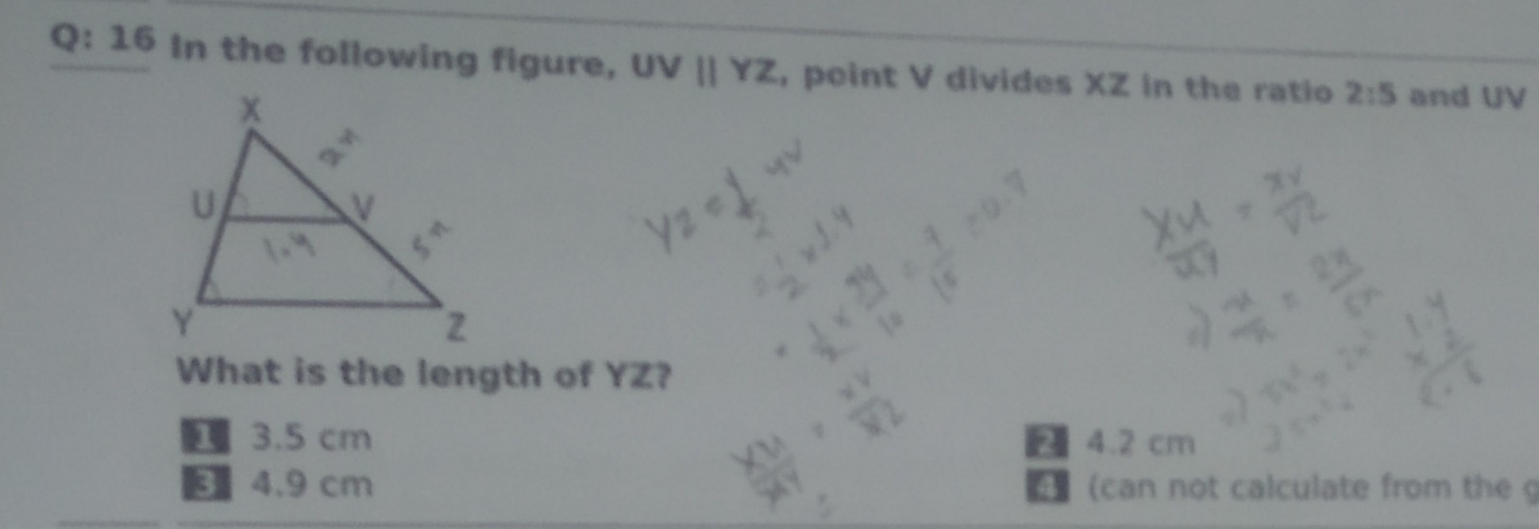 Q: 16 In the following figure, UV || Yz, point V divides XZ in the rat