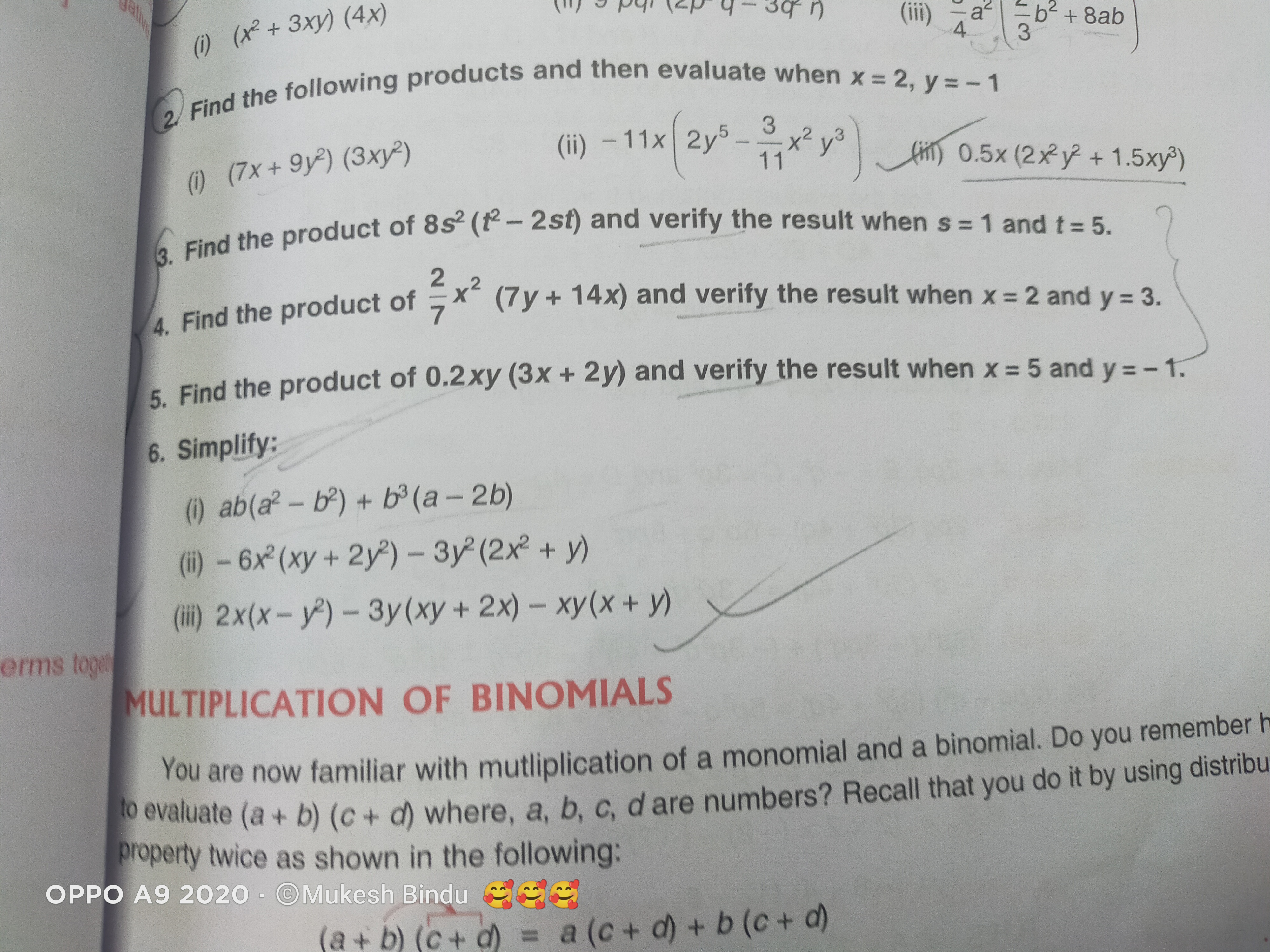 (i) (x2+3xy)(4x)
2. Find the following products and then evaluate when