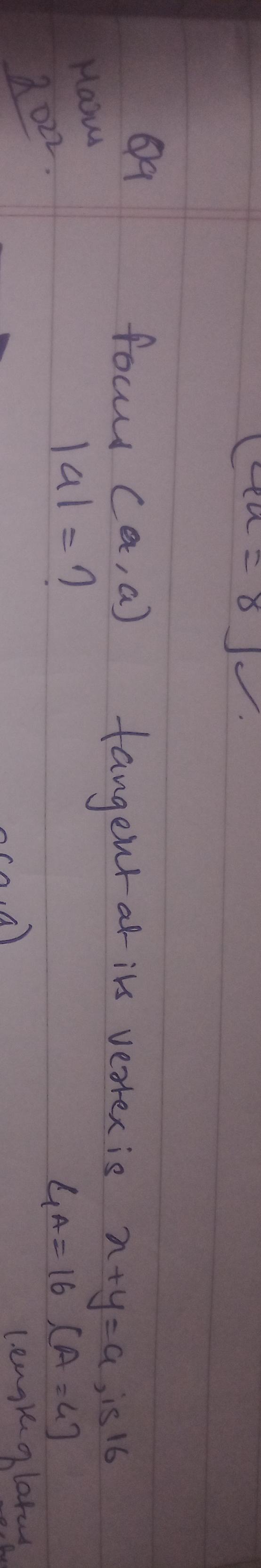 Mans
Q9 focus (a,a) tangent at its vertex is x+y=a, is 16
\[
|a|=? \qu