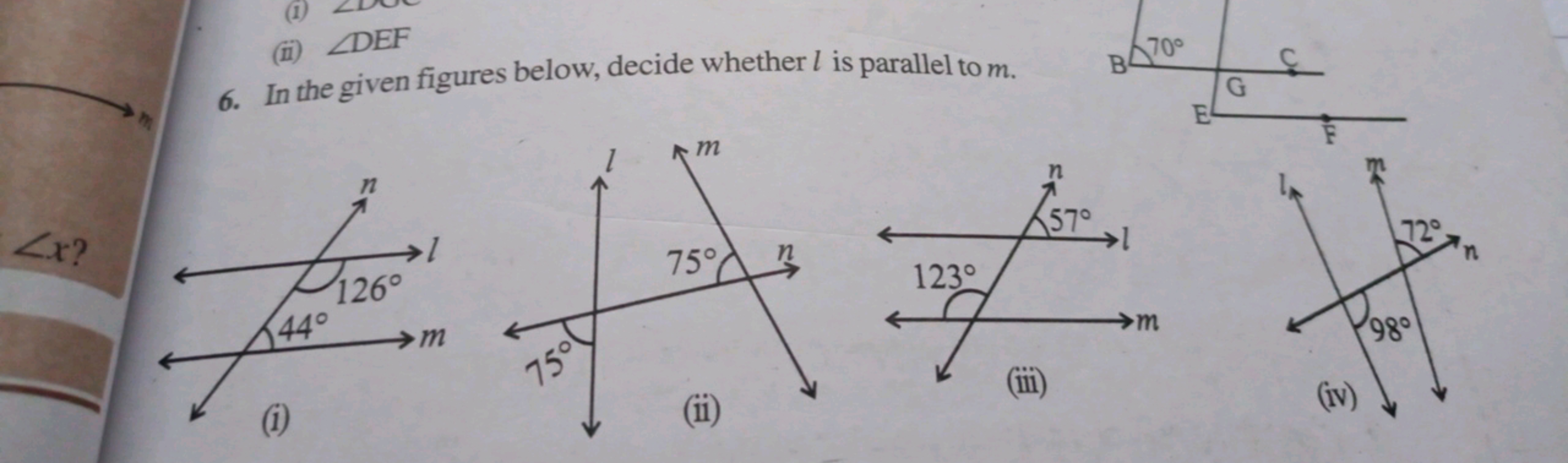 6. In the given figures below, decide whether l is parallel to m.