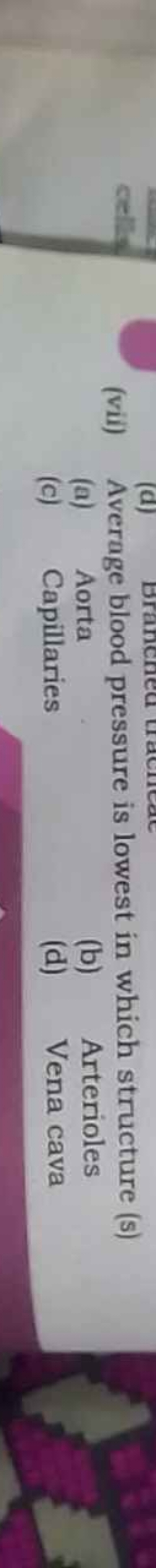 (vii) Average blood pressure is lowest in which structure (s)
(a) Aort