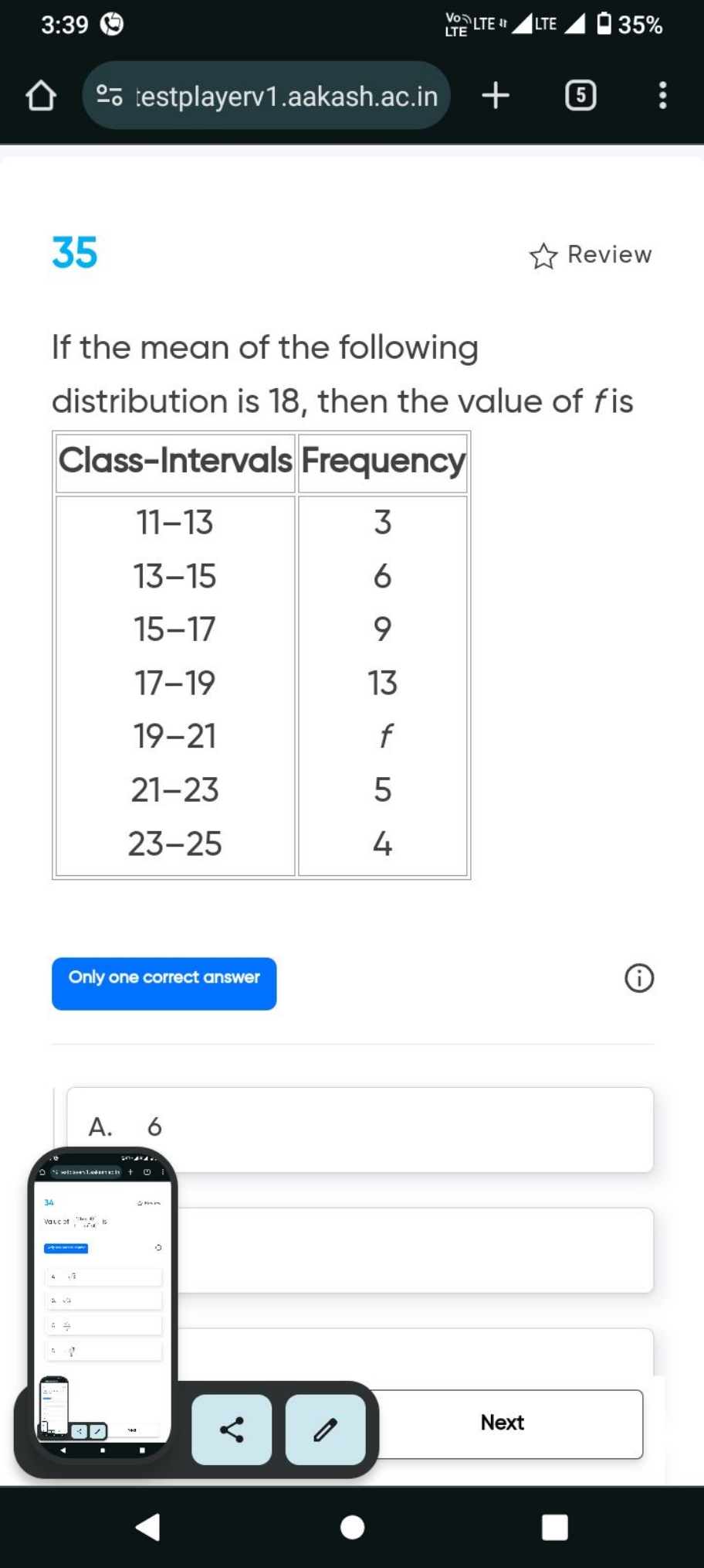 3:39
Voolte
LTte
35\%
:estplayerv1.aakash.ac.in
35
Review

If the mean