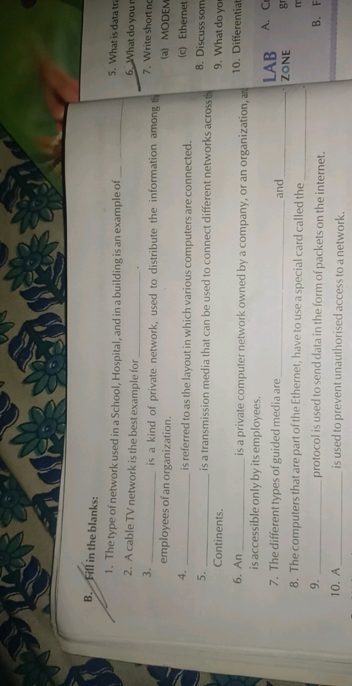 B. Fill in the blanks:
1. The type of network used in a School, Hospit