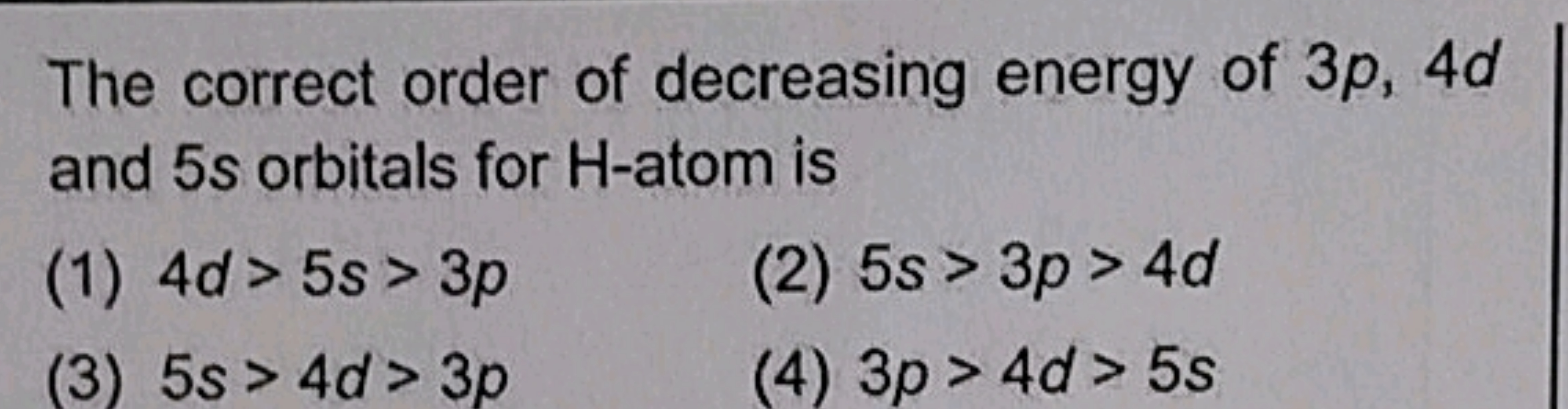 The correct order of decreasing energy of 3p,4d and 5 s orbitals for H