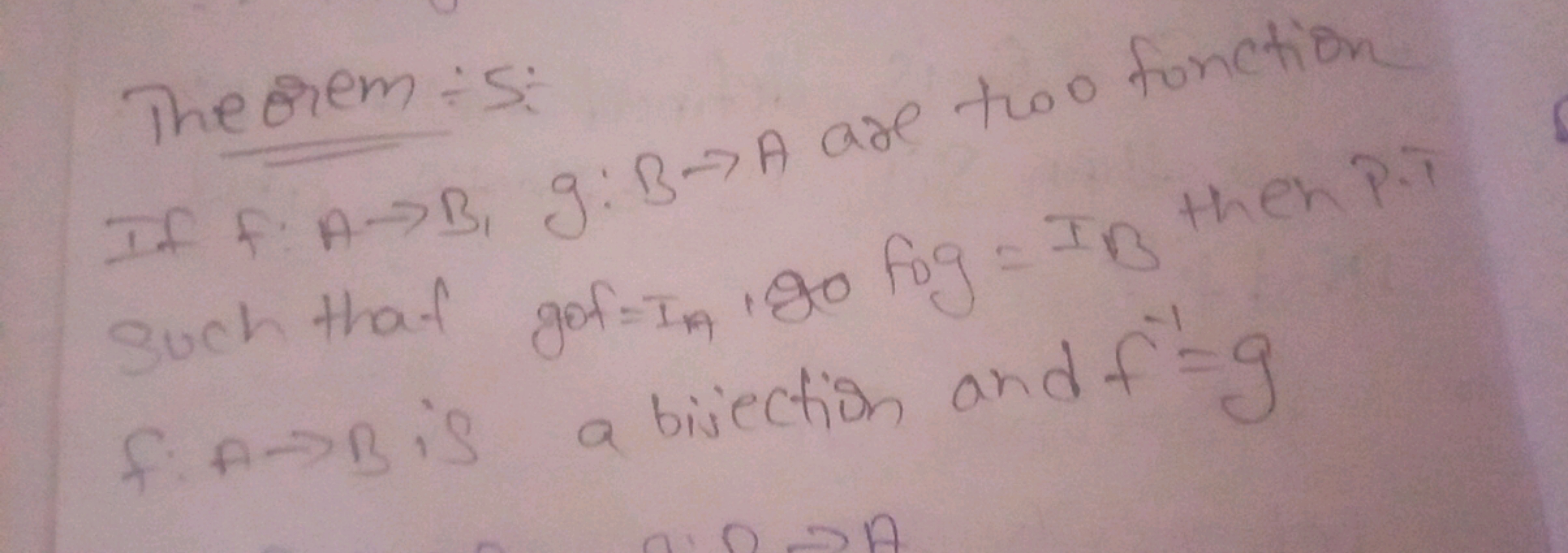 If f:A→B,g:B→A are two function
The rem :5: such that gore IA​ go f0g=