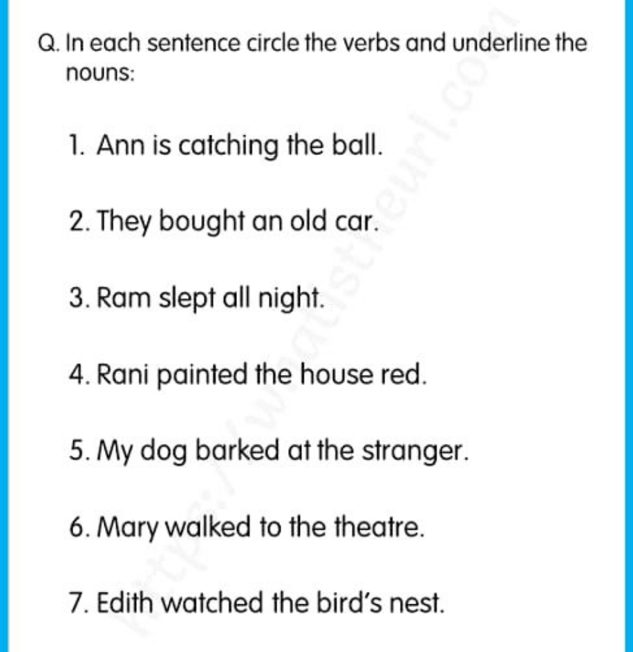 Q. In each sentence circle the verbs and underline the nouns:
1. Ann i