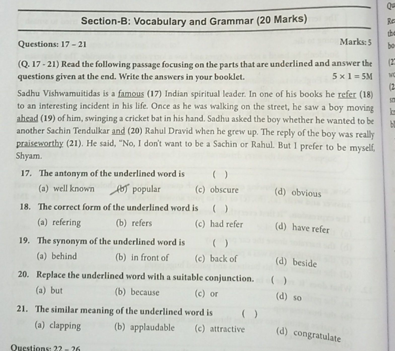 Section-B: Vocabulary and Grammar (20 Marks)
Marks: 5
Questions: 17 - 