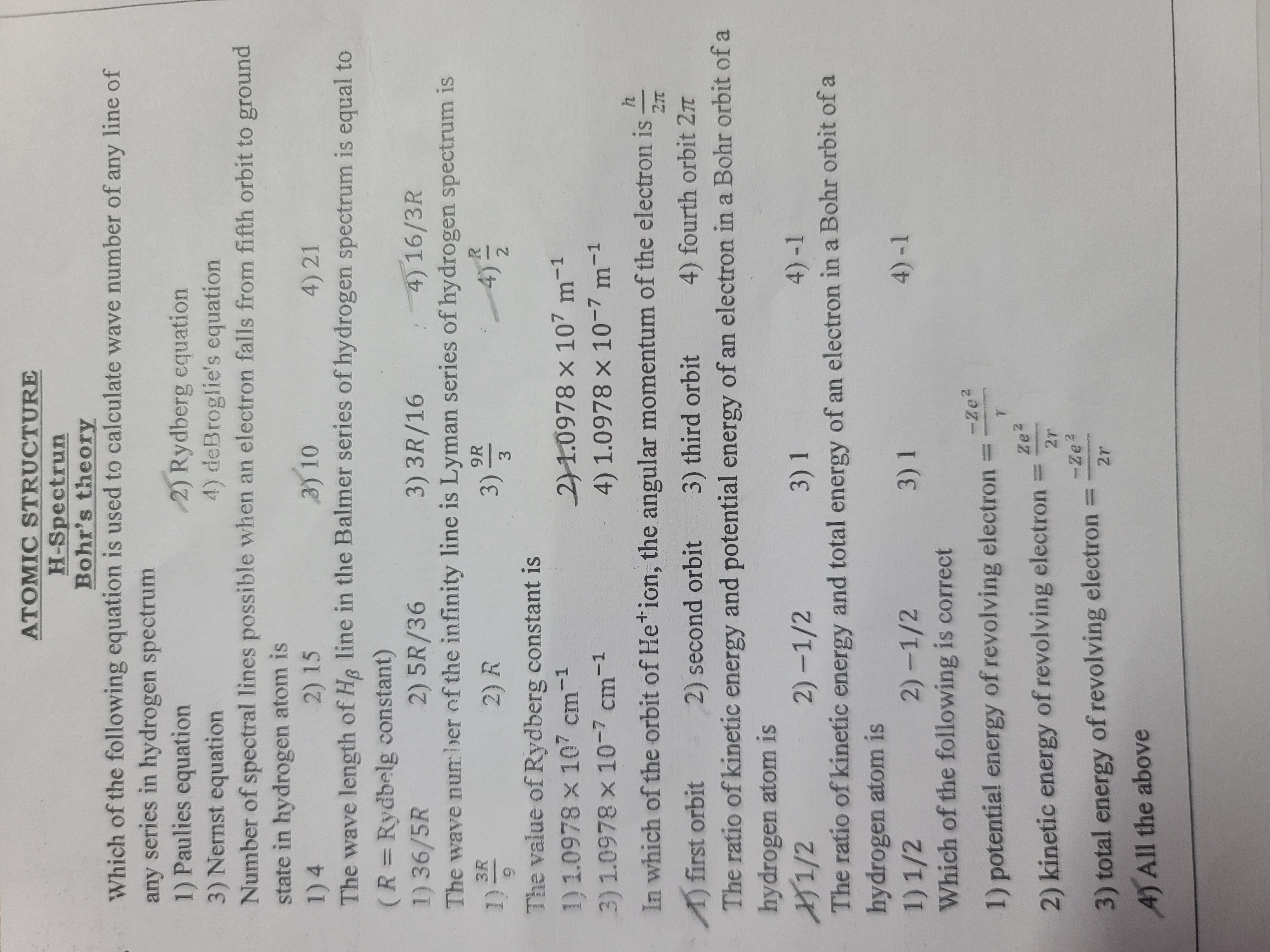 ATOMIC STRUCTURE
H-Spectrun
Bohr's theory
Which of the following equat