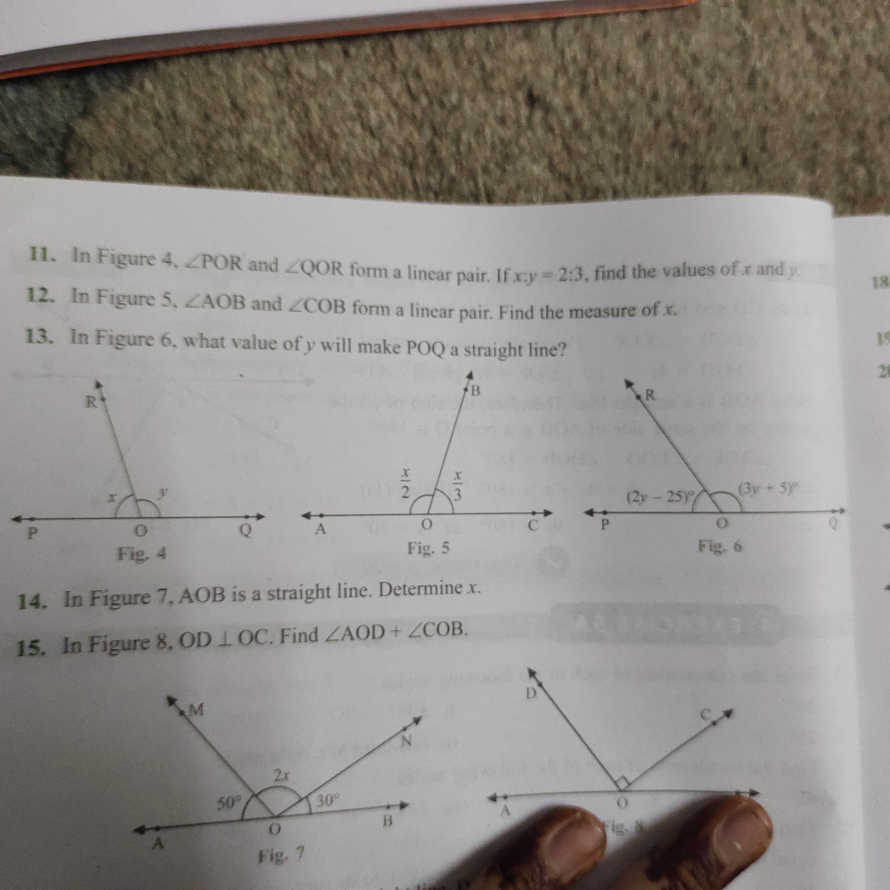 11. In Figure 4, ∠POR and ∠QOR form a linear pair. If x:y=2:3, find th