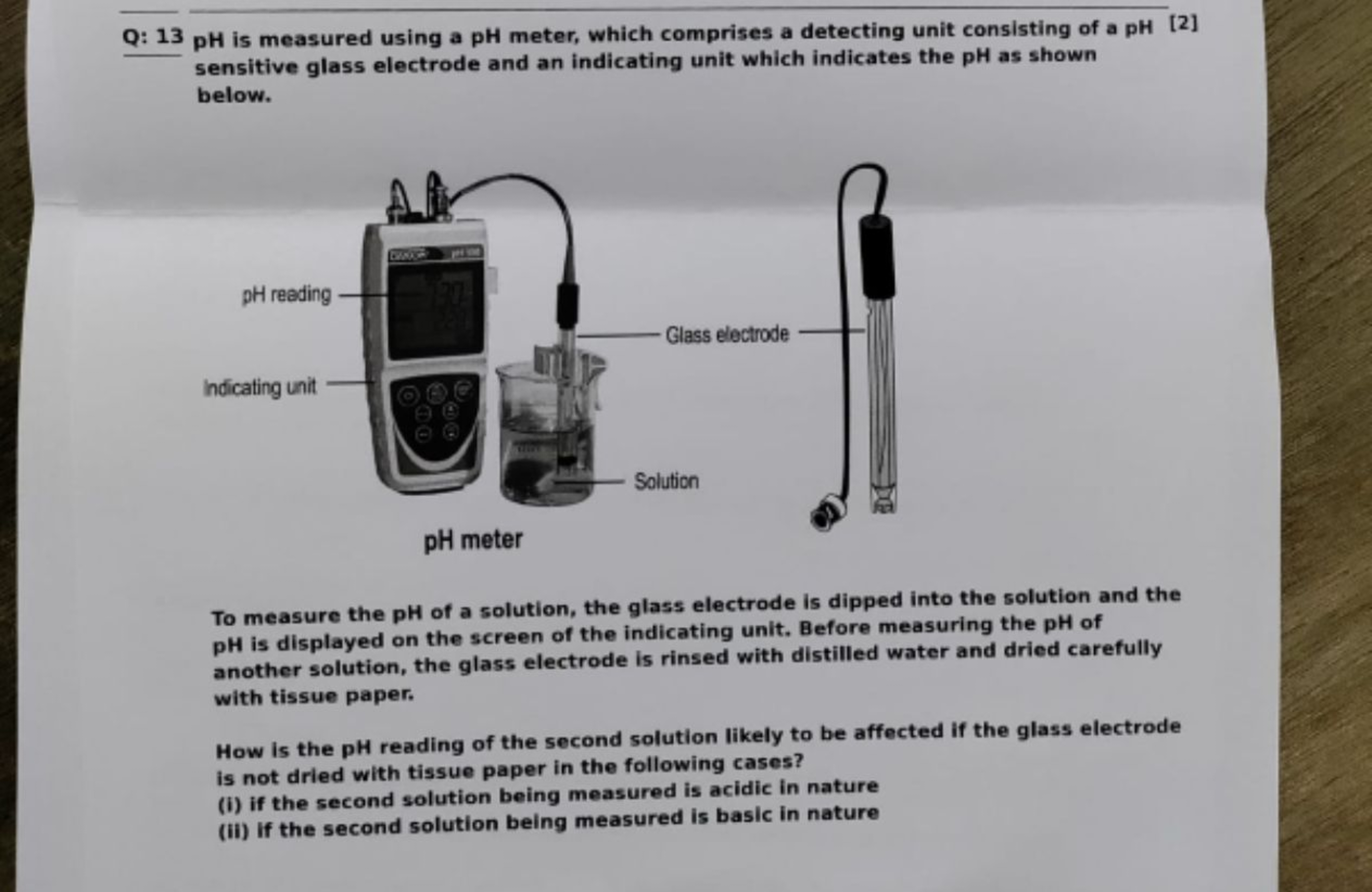 Q: 13pH is measured using a pH meter, which comprises a detecting unit