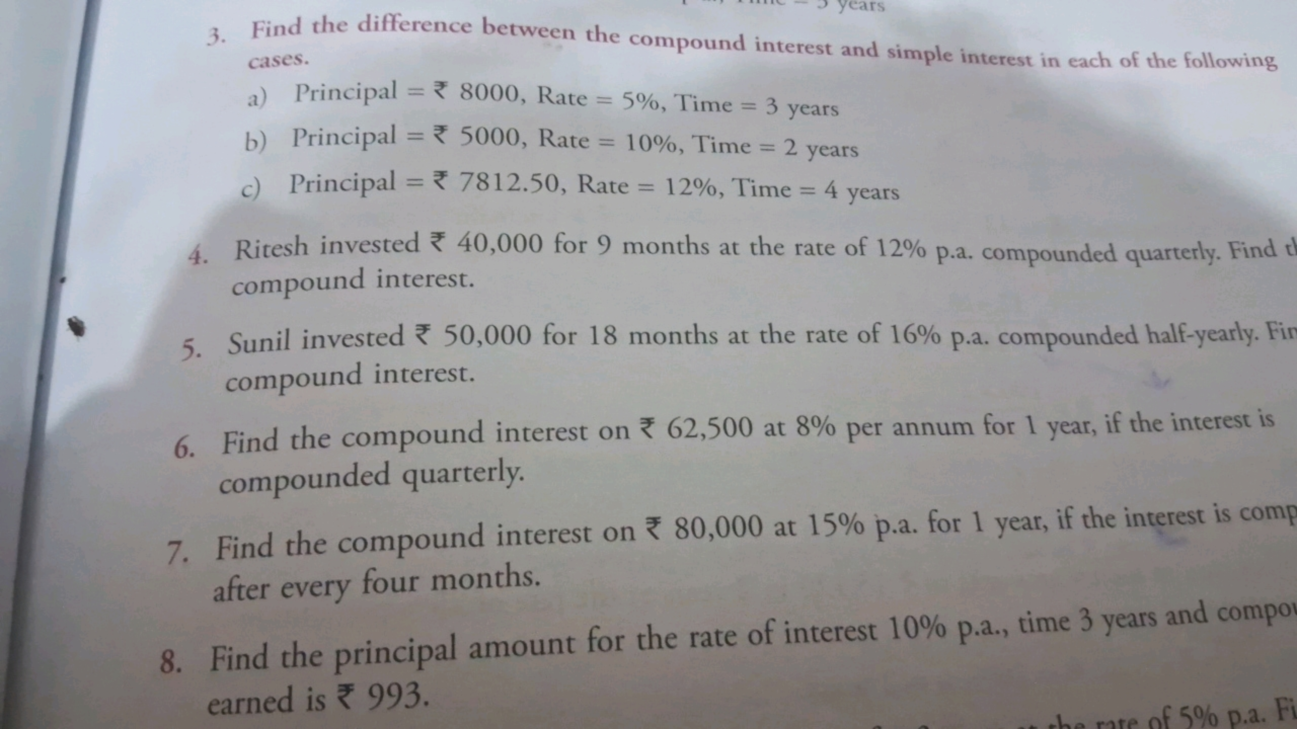 3. Find the difference between the compound interest and simple intere