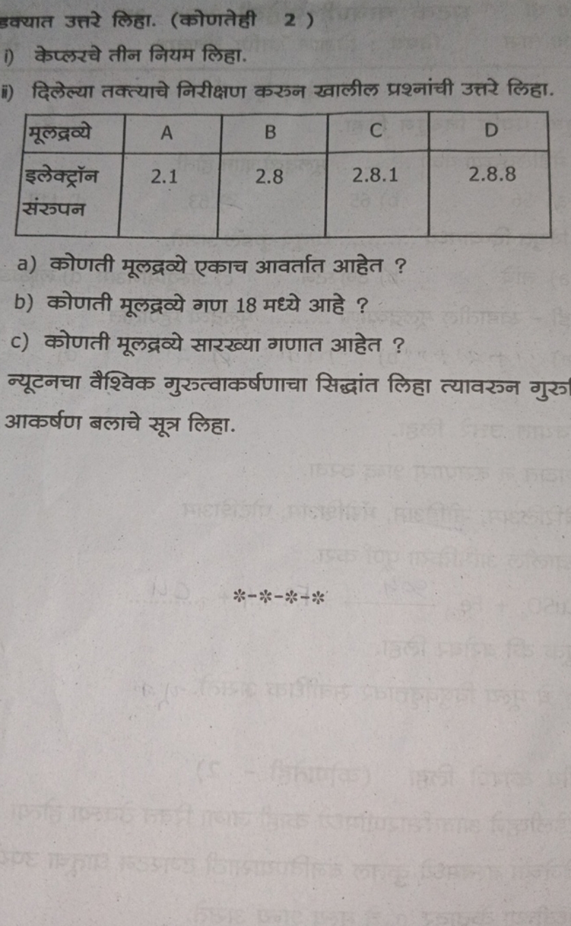 इक्यात उत्तरे लिहा. (कोणतेही 2 )
i) केप्लरचे तीन नियम लिहा.
ii) दिलेल्