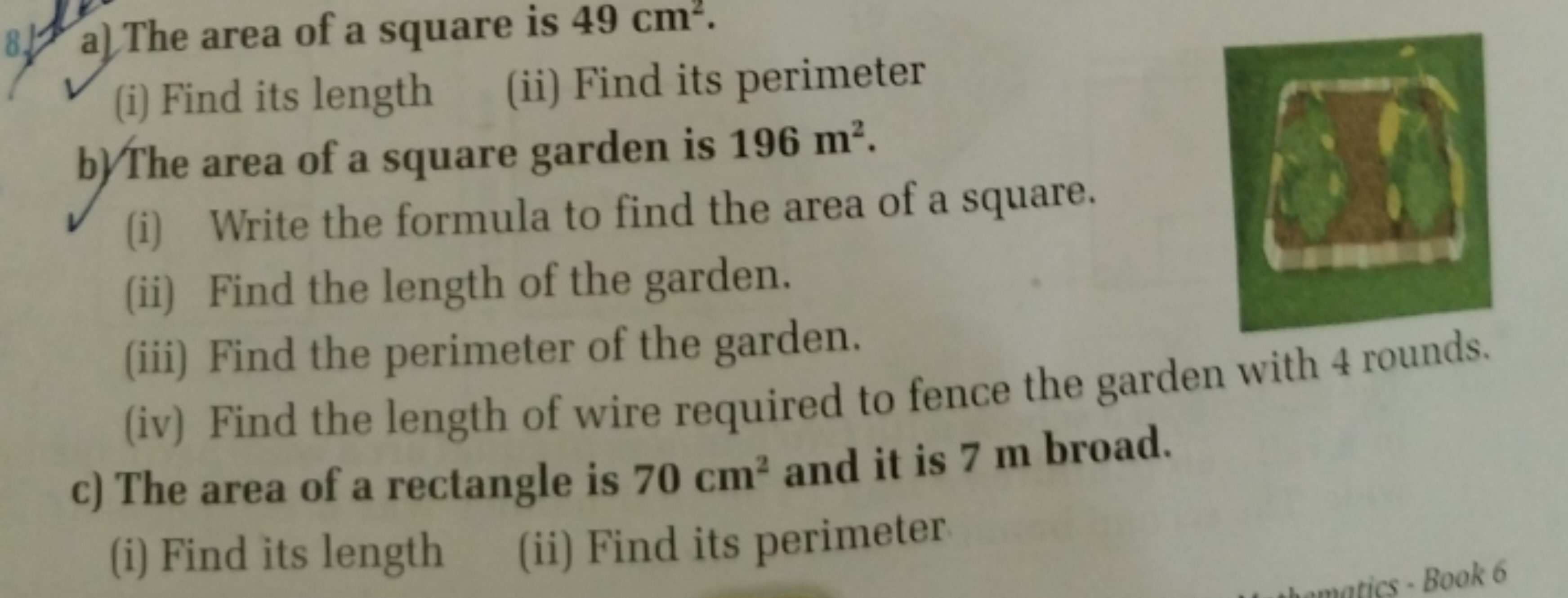 a) The area of a square is 49 cm2.
(i) Find its length
(ii) Find its p