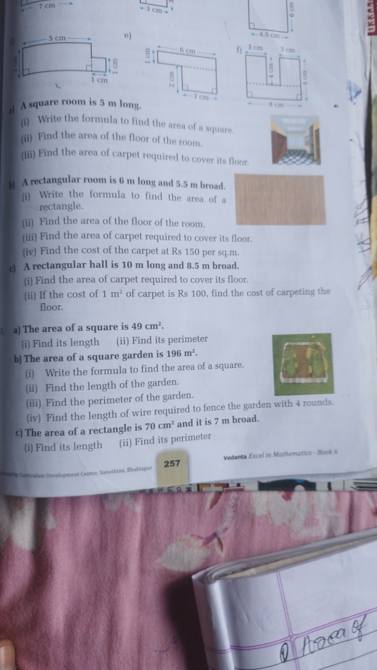 (3) A square room is 5 m long. e)
(i) Write the formula to find the ar